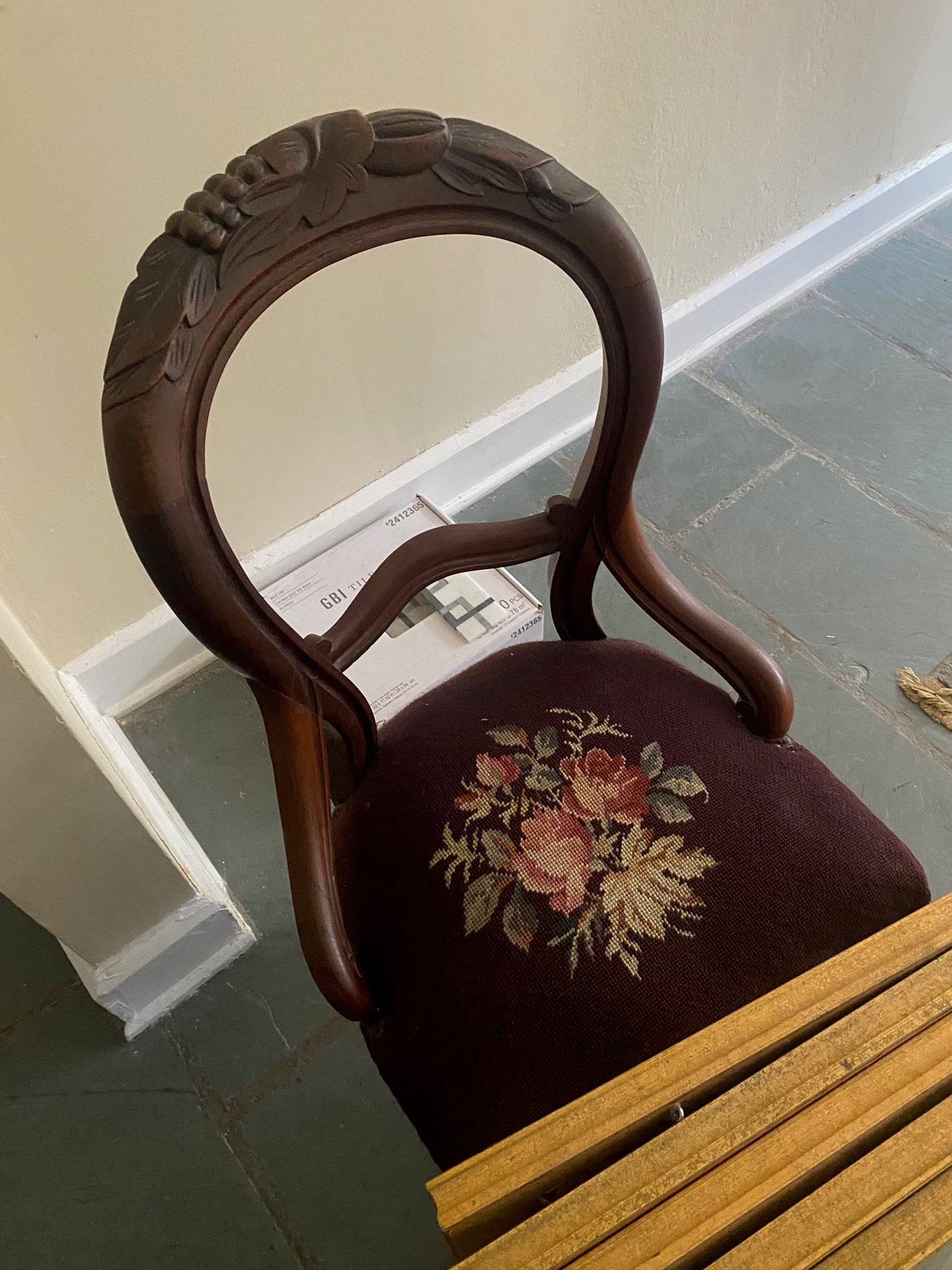 Victorian Balloon Back Dining Chair Antique Hand Carved Walnut Needlepoint Seat
