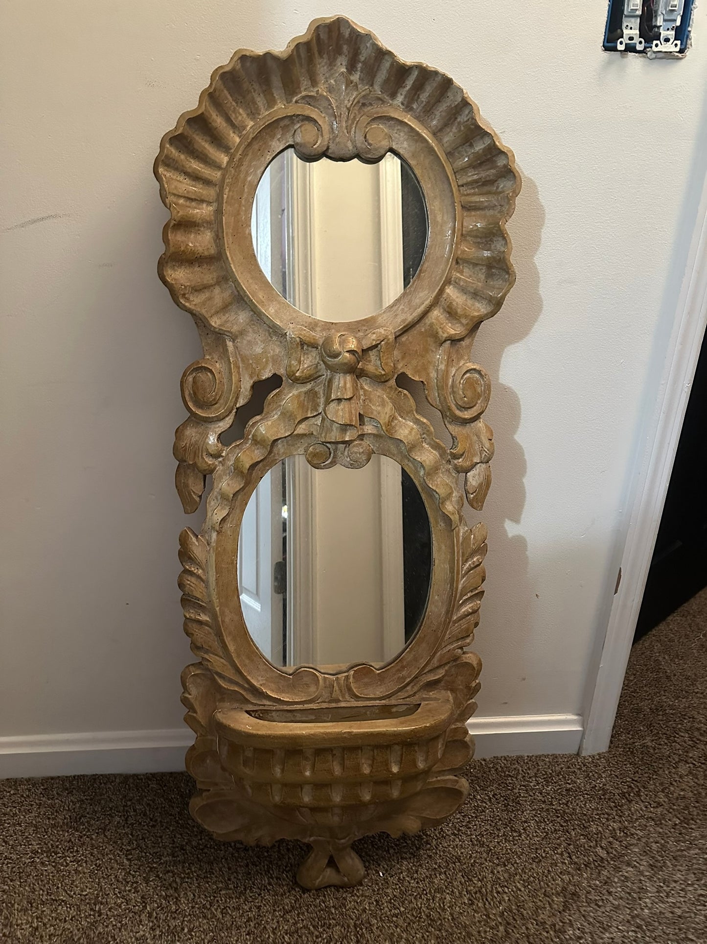 1970s Spanish Carved Wood Double Mirror Wall Pocket by Chapman