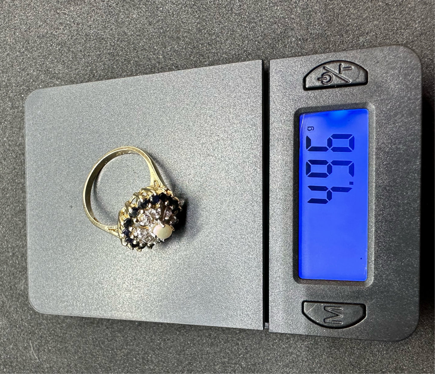 Antique Victorian 14K Yellow Gold Opal w/ Diamond and Sapphire Cluster Ring Marked