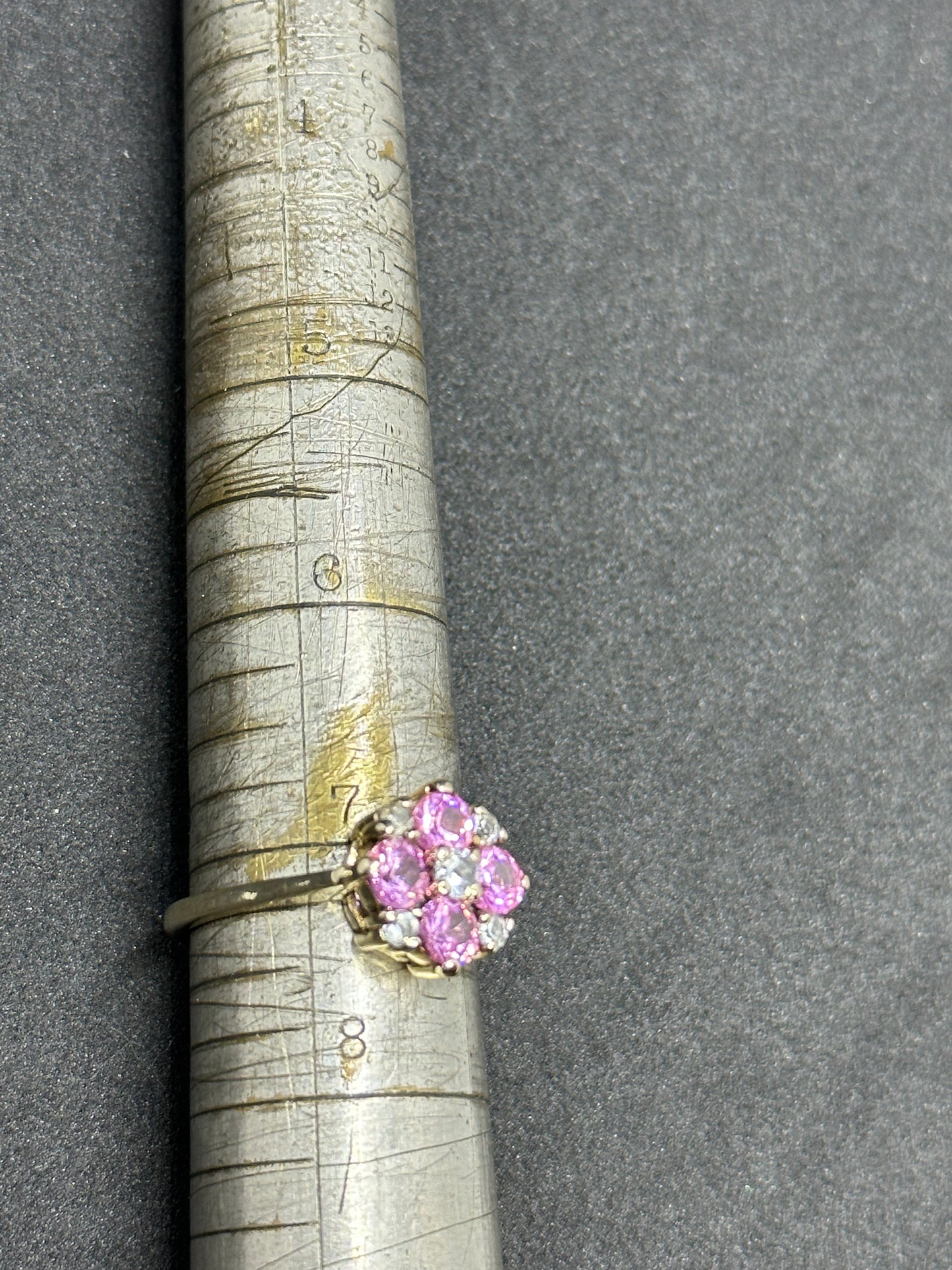 Antique 14K Yellow Gold Pink and White Sapphire Floral Cluster Ring