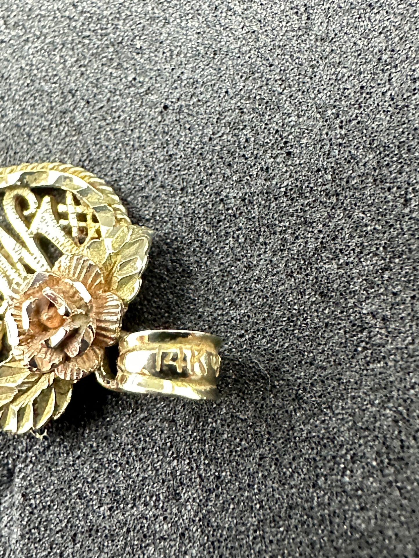 Vintage 14K Yellow Gold #1 Mom Heart Charm w/ Rose Gold 585 Rose Flower