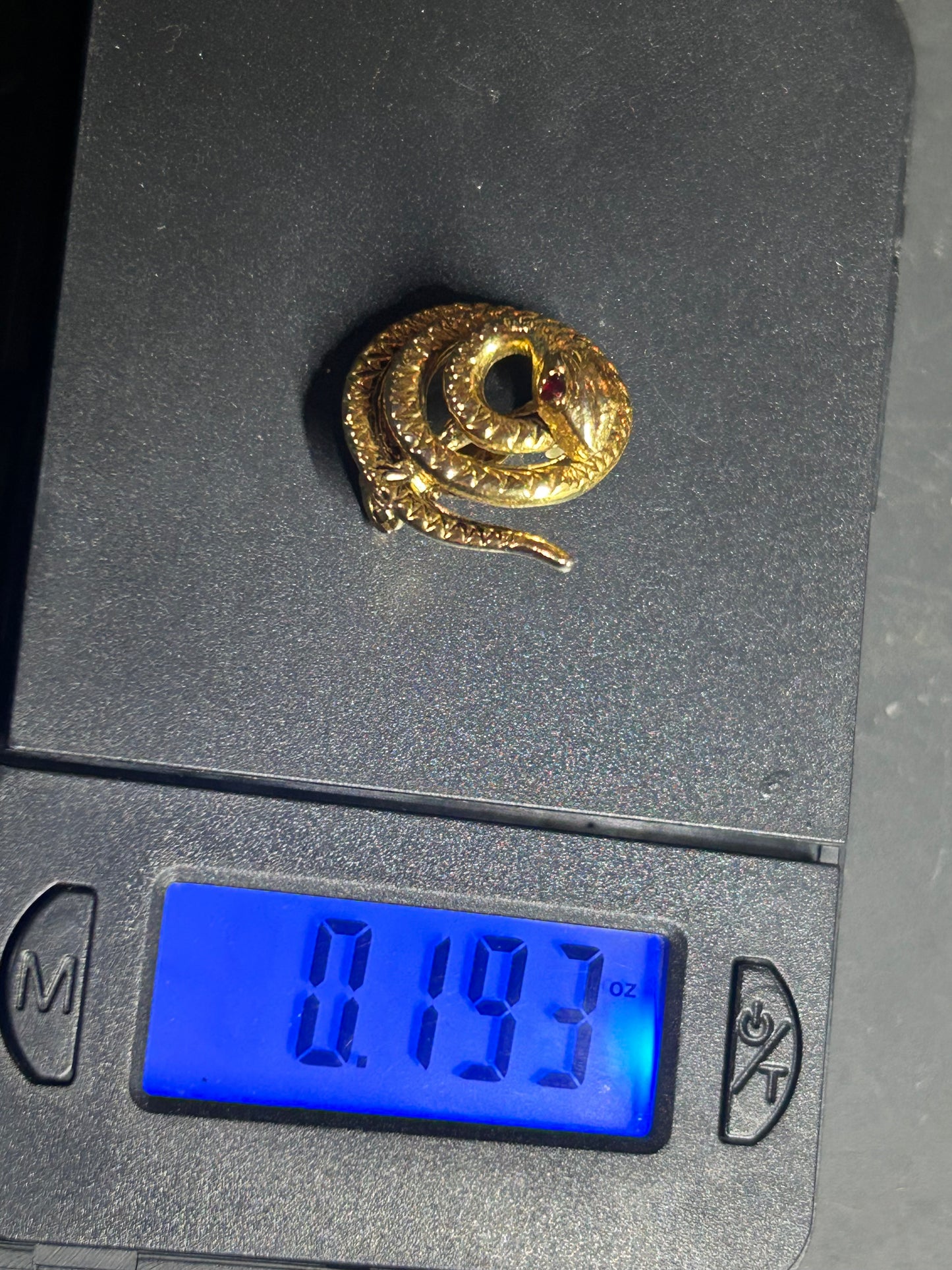 Vintage Gold Serpent Snake Pin Brooch w/ Red Eyes