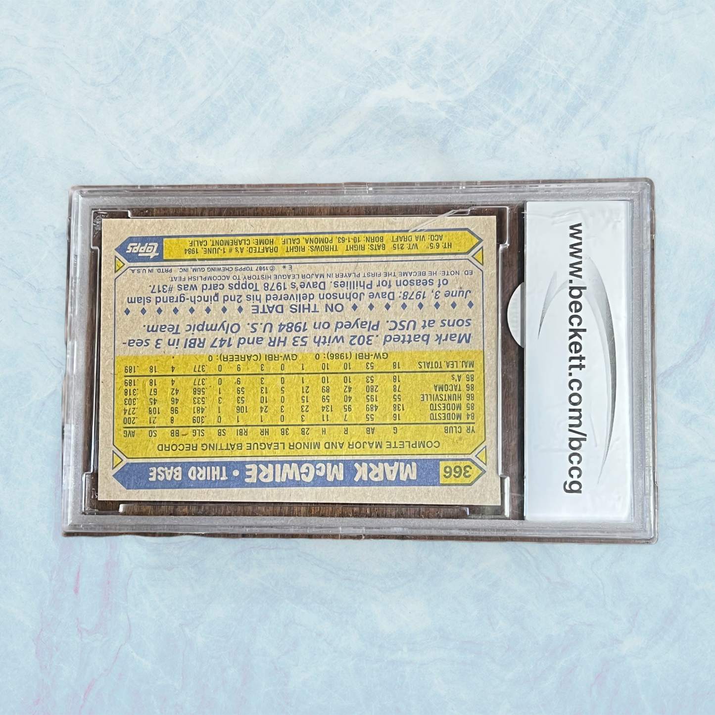 1987 Topps Mark McGwire #366 Rookie RC BCCG 9 MINT Oakland Athletics