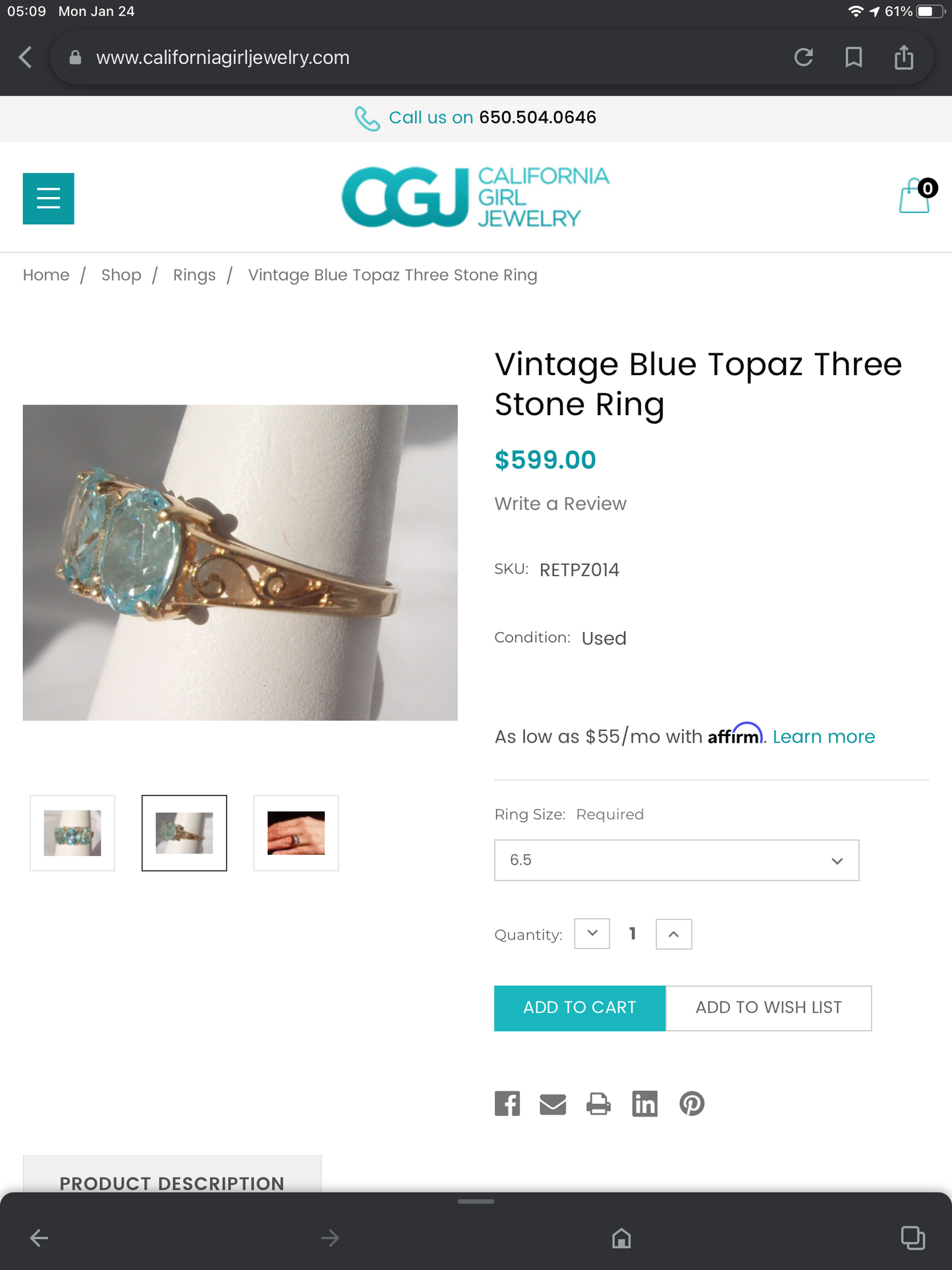 Vintage Handcrafted 14K Yellow Gold Three Stone Powder Blue Topaz Ring