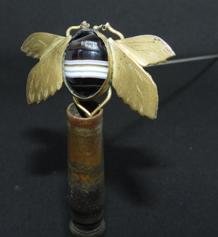 Antique Brass-Winged Beetle Hat Pin w/ Cab