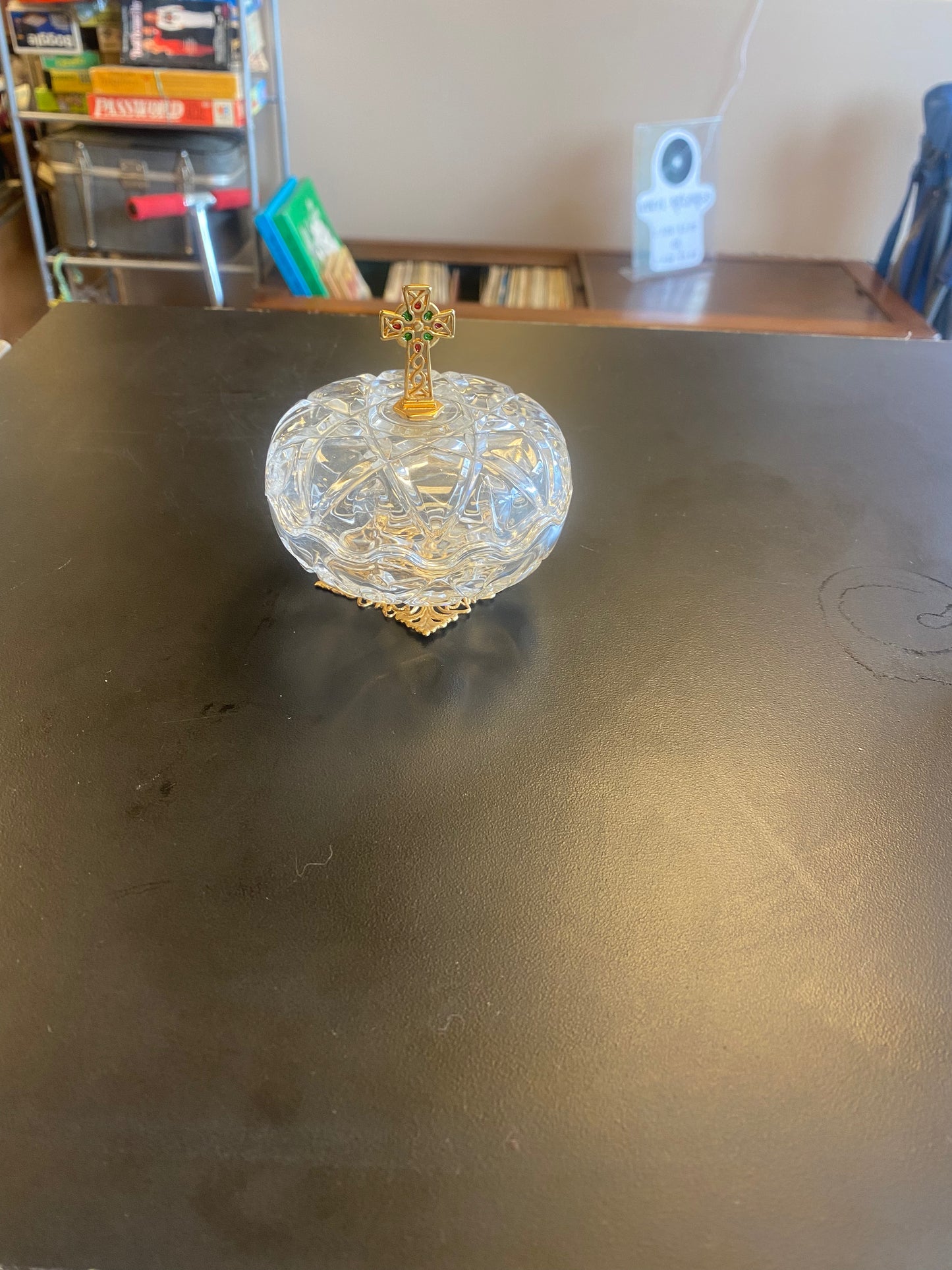 Killarney Crystal Rosary Trinket Box with Cross.