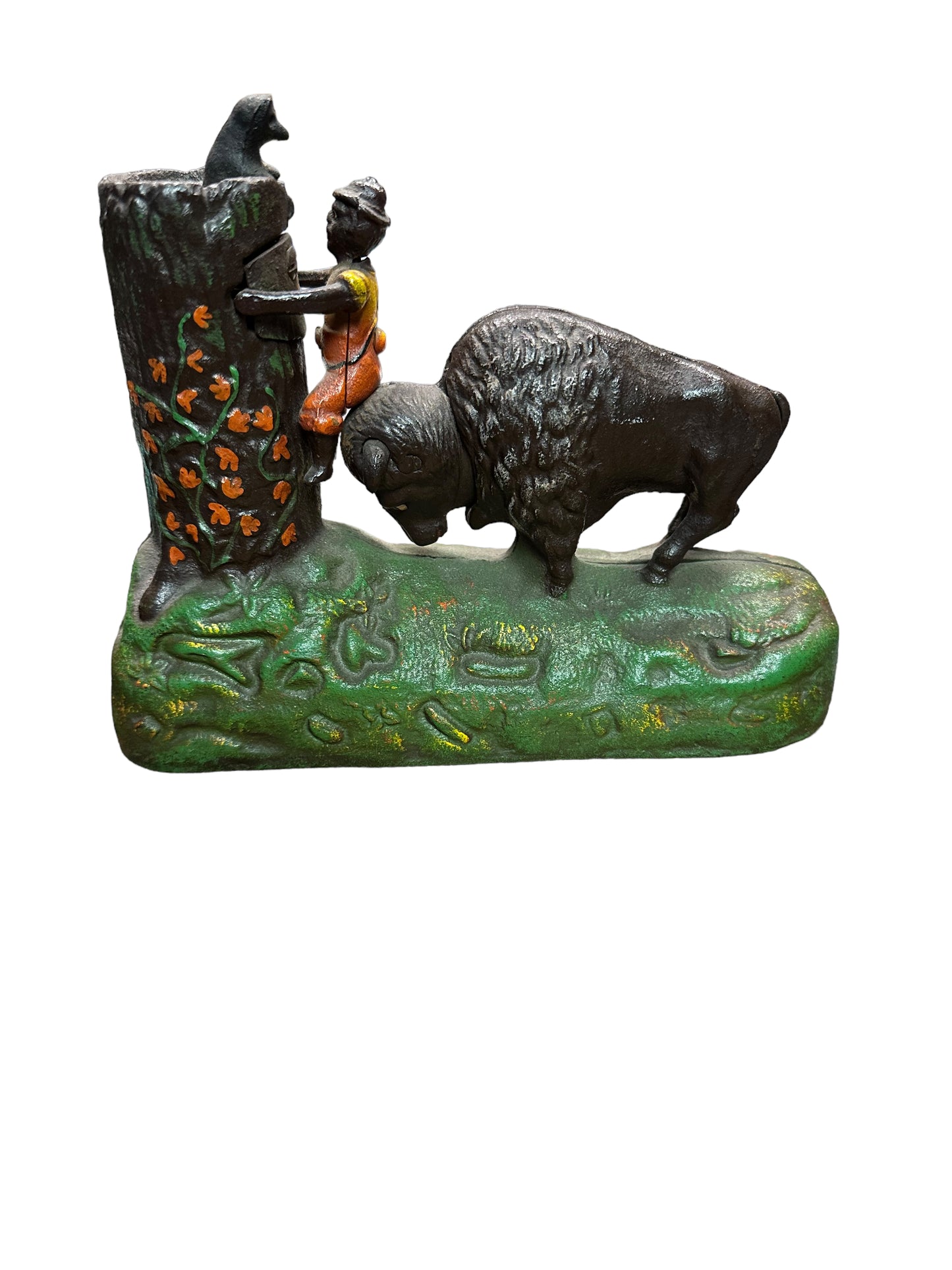 Vintage Book of Knowledge Mechanical Coin Bank Butting Bull Cast Iron.
