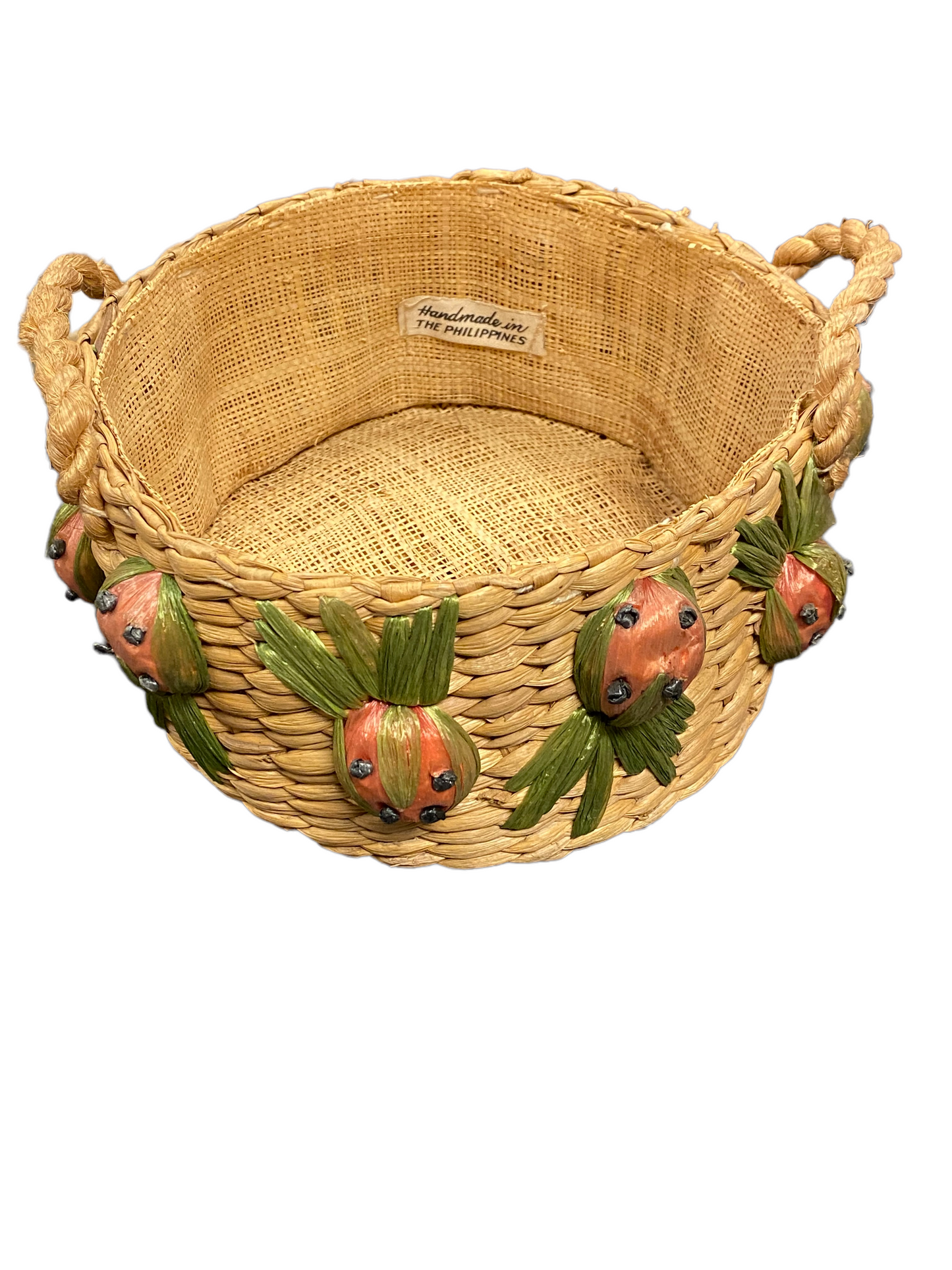 Raffia and linen basket with handles