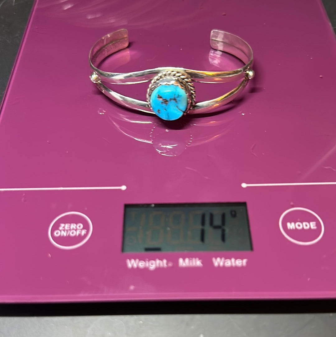 Vintage Handmade Native American Signed Jameson Lee Turquoise Single Stone Sterling Silver .925 Cuff Bracelet