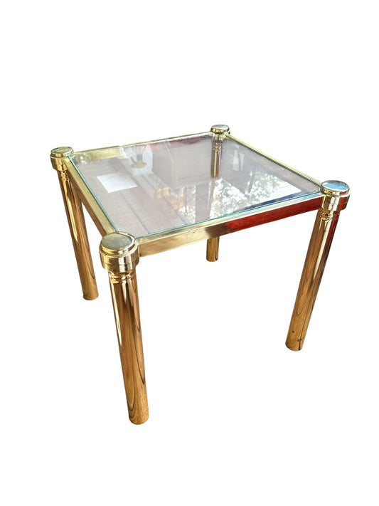 Vintage Mid Century Modern Hollywood Regency Gold Metal Glass Tubular End Table