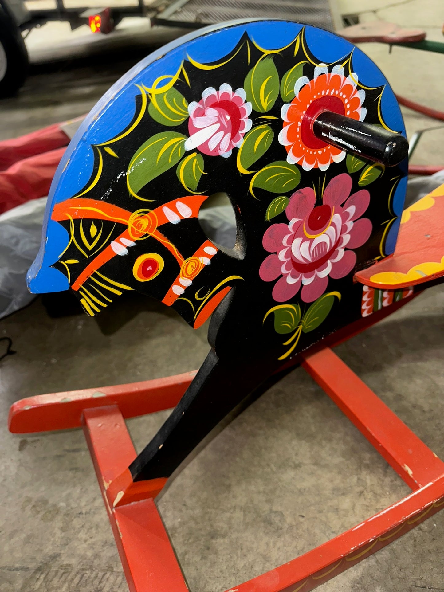 Vintage Made In USSR Soviet Folk Art Hand Painted Floral Motif Rocking Horse Toy