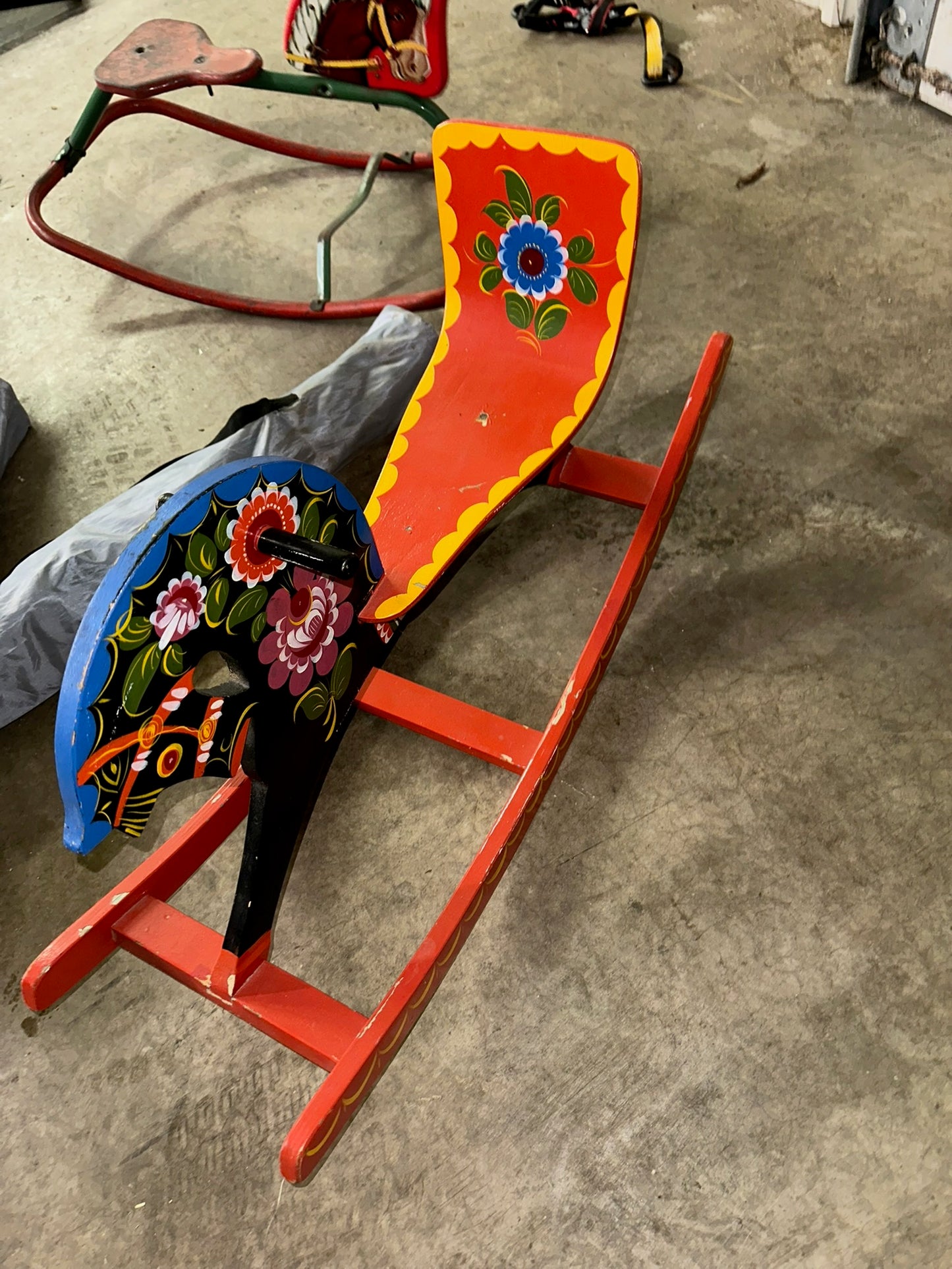 Vintage Made In USSR Soviet Folk Art Hand Painted Floral Motif Rocking Horse Toy
