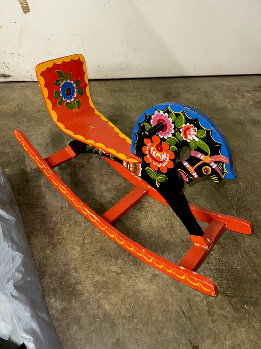 Vintage Made In USSR Soviet Folk Art Hand Painted Floral Motif Rocking Horse Toy