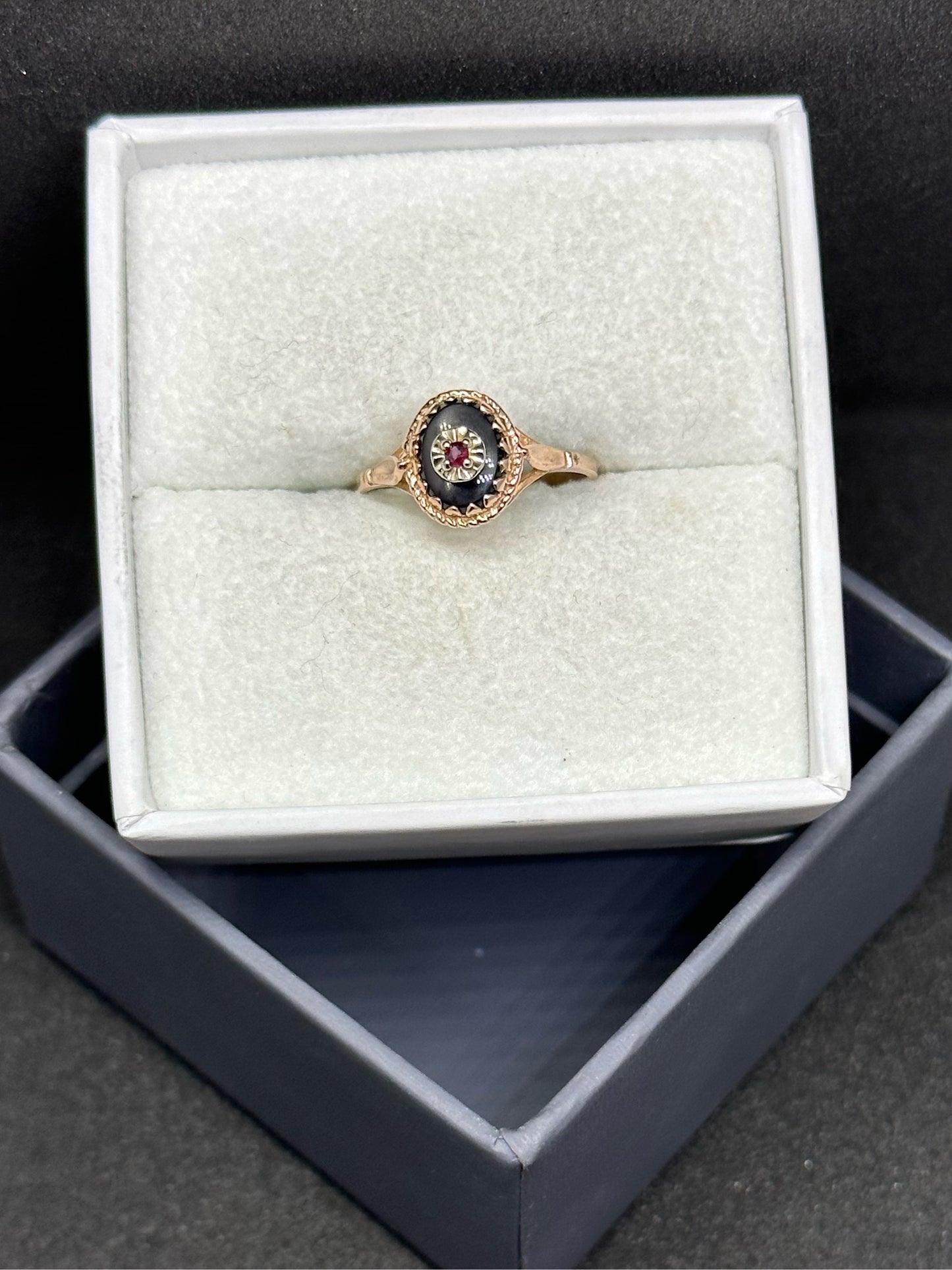Antique Victorian Edwardian 14K Rose Gold Ornate Onyx & Ruby Mourning Ring Marked TZ or ZT Size 6
