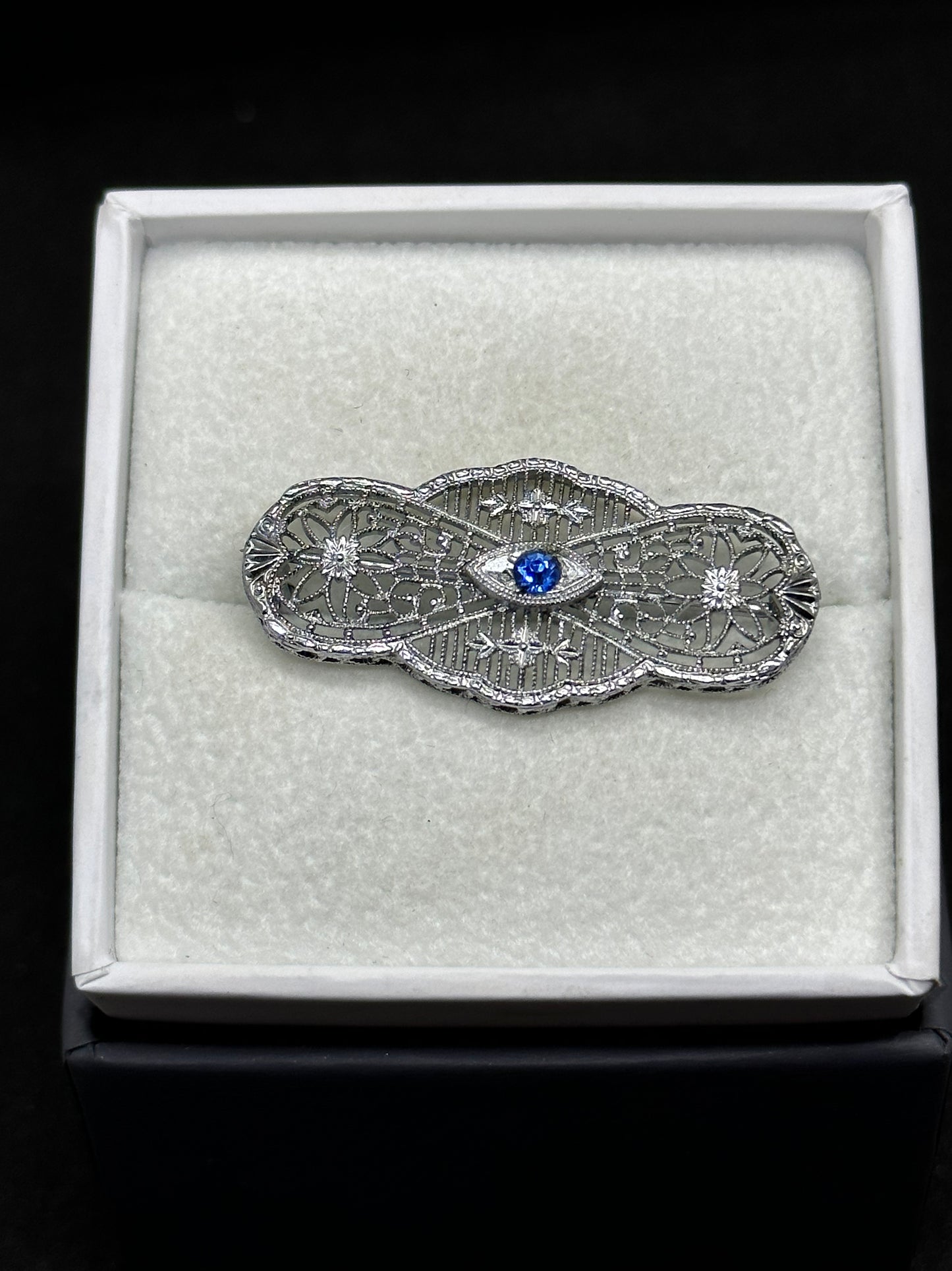 Antique Edwardian Art Deco Silver Rhodium Plated Filigree Blue Pin Brooch Marked JHP