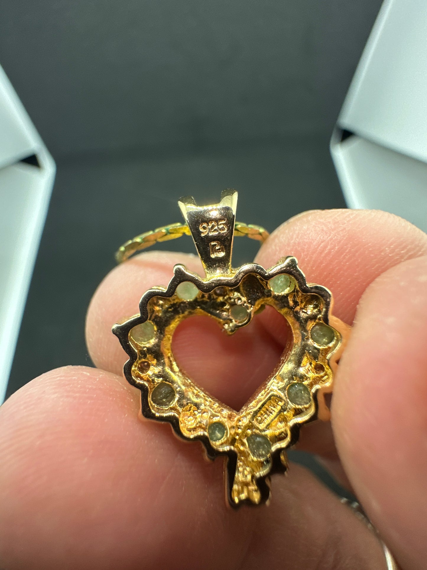 Vintage Sterling Silver .925 Gold Plated Emerald and Diamond Heart Pendant