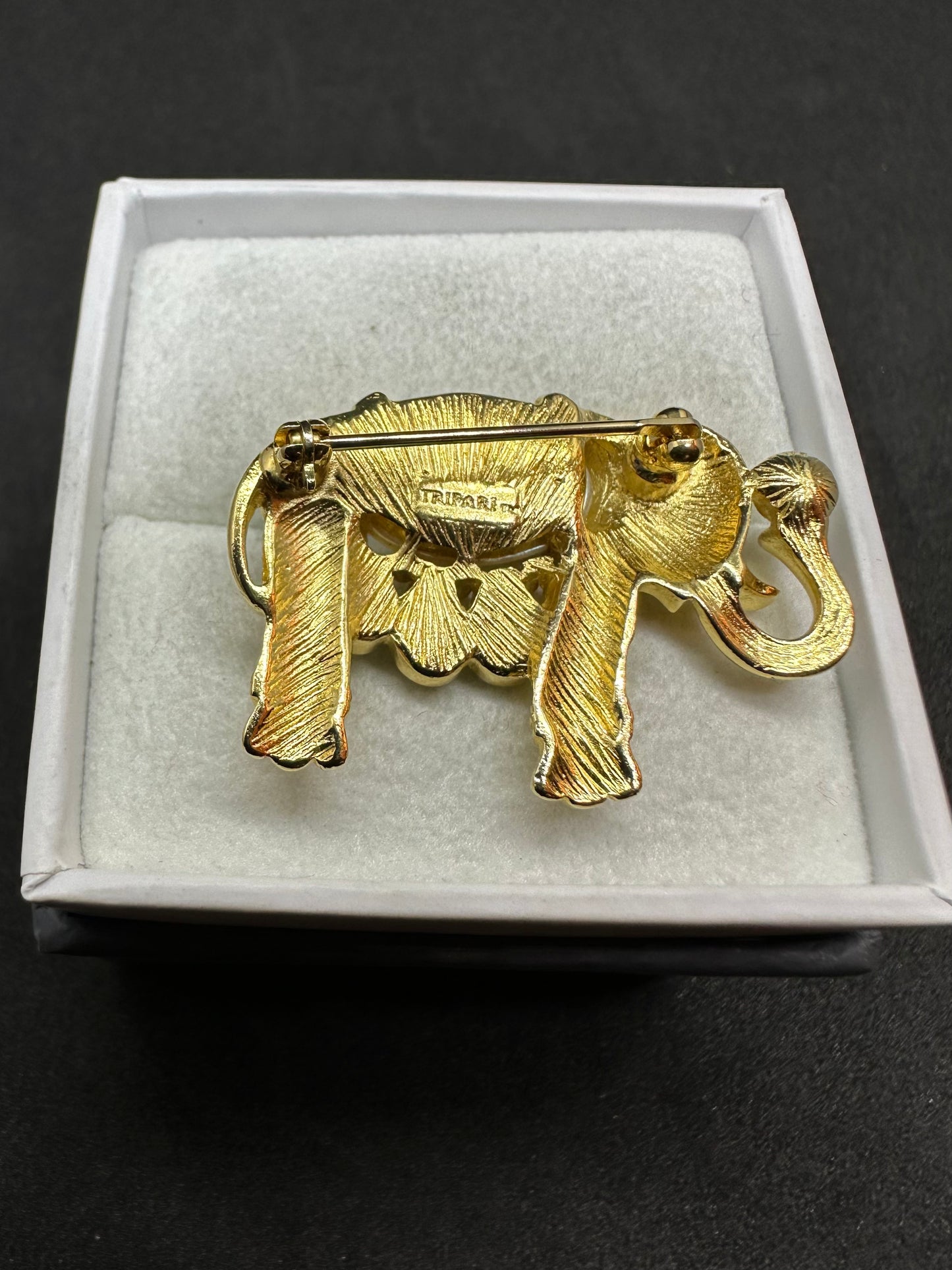 Vintage TRIFARI Gold Colored Moghul Elephant Brooch Pin Signed