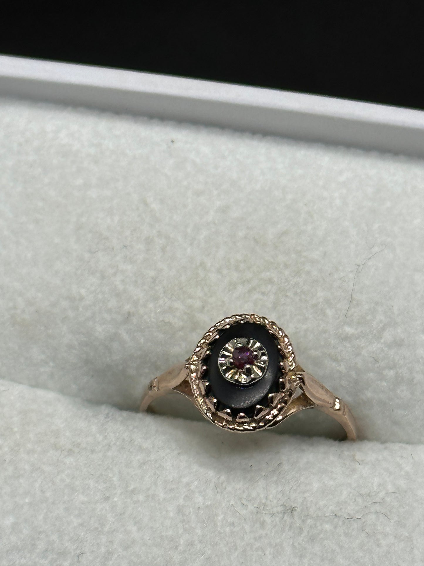 Antique Victorian Edwardian 14K Rose Gold Ornate Onyx & Ruby Mourning Ring Marked TZ or ZT Size 6