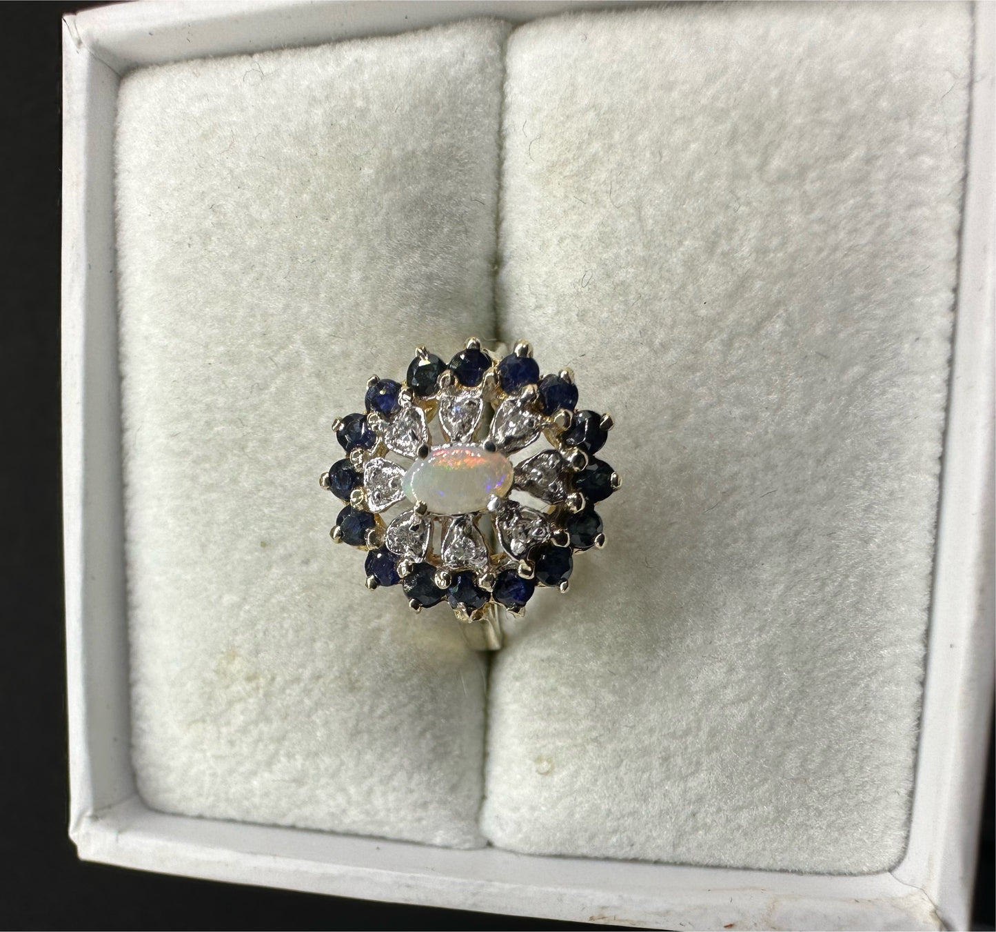 Antique Victorian 14K Yellow Gold Opal w/ Diamond and Sapphire Cluster Ring Marked