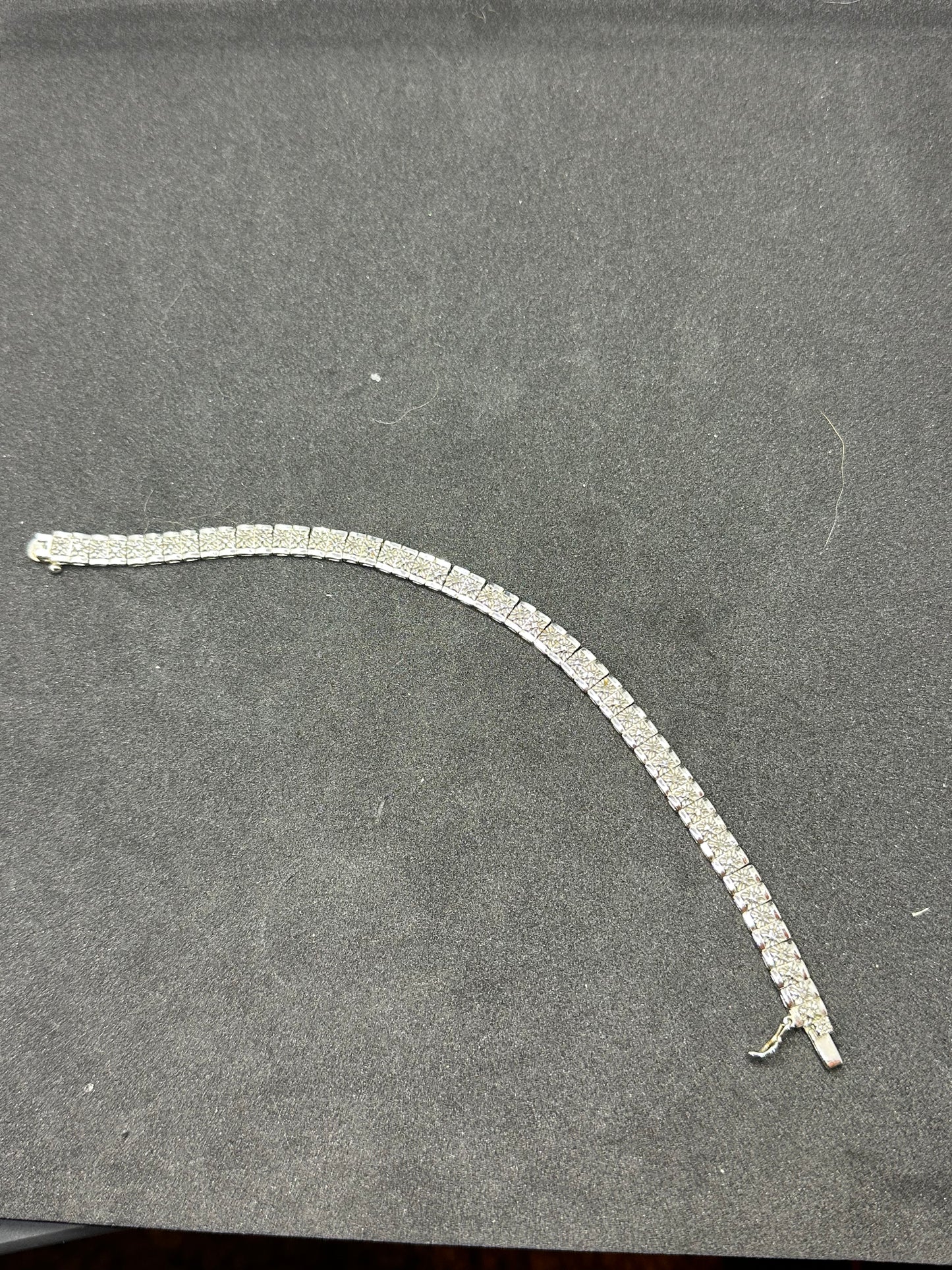 Vintage Sterling Silver Square Cubic Zirconia Single Links Tennis Bracelet Marked RSE 925 w/ Open Box Clasp