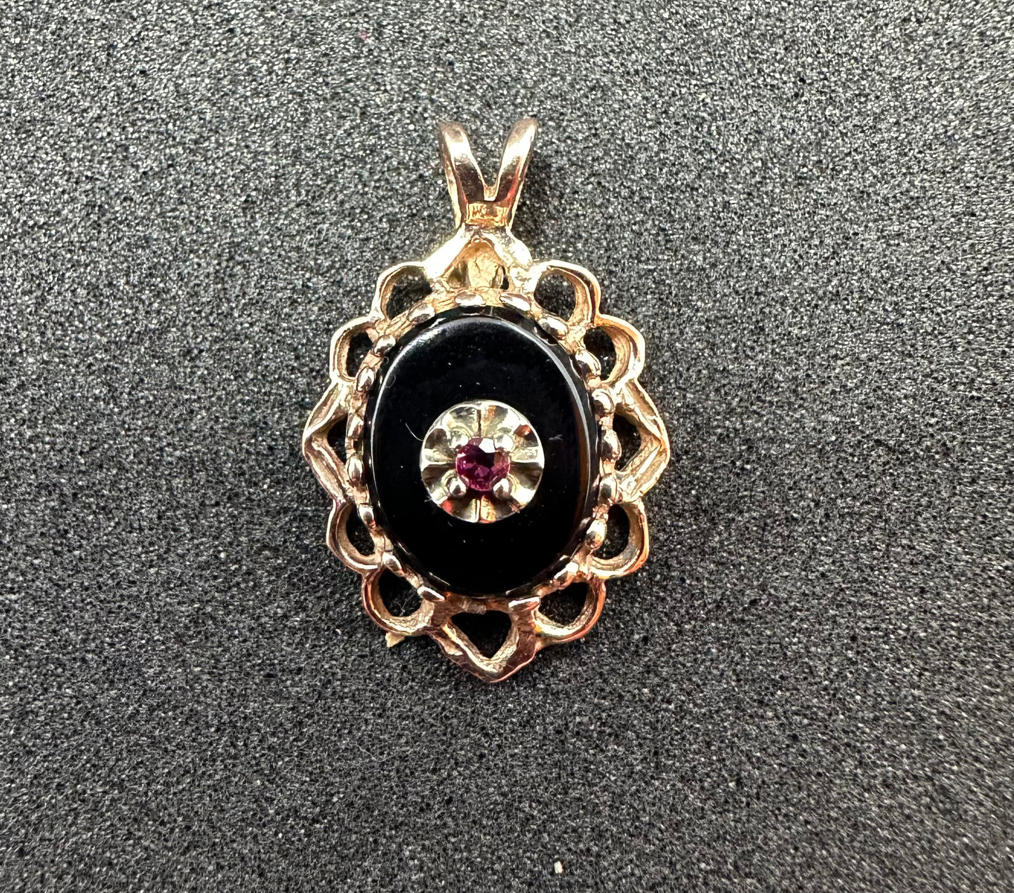 Antique Victorian Edwardian 14K Rose Gold Ornate Onyx & Ruby Mourning Pendant Marked TZ or ZT