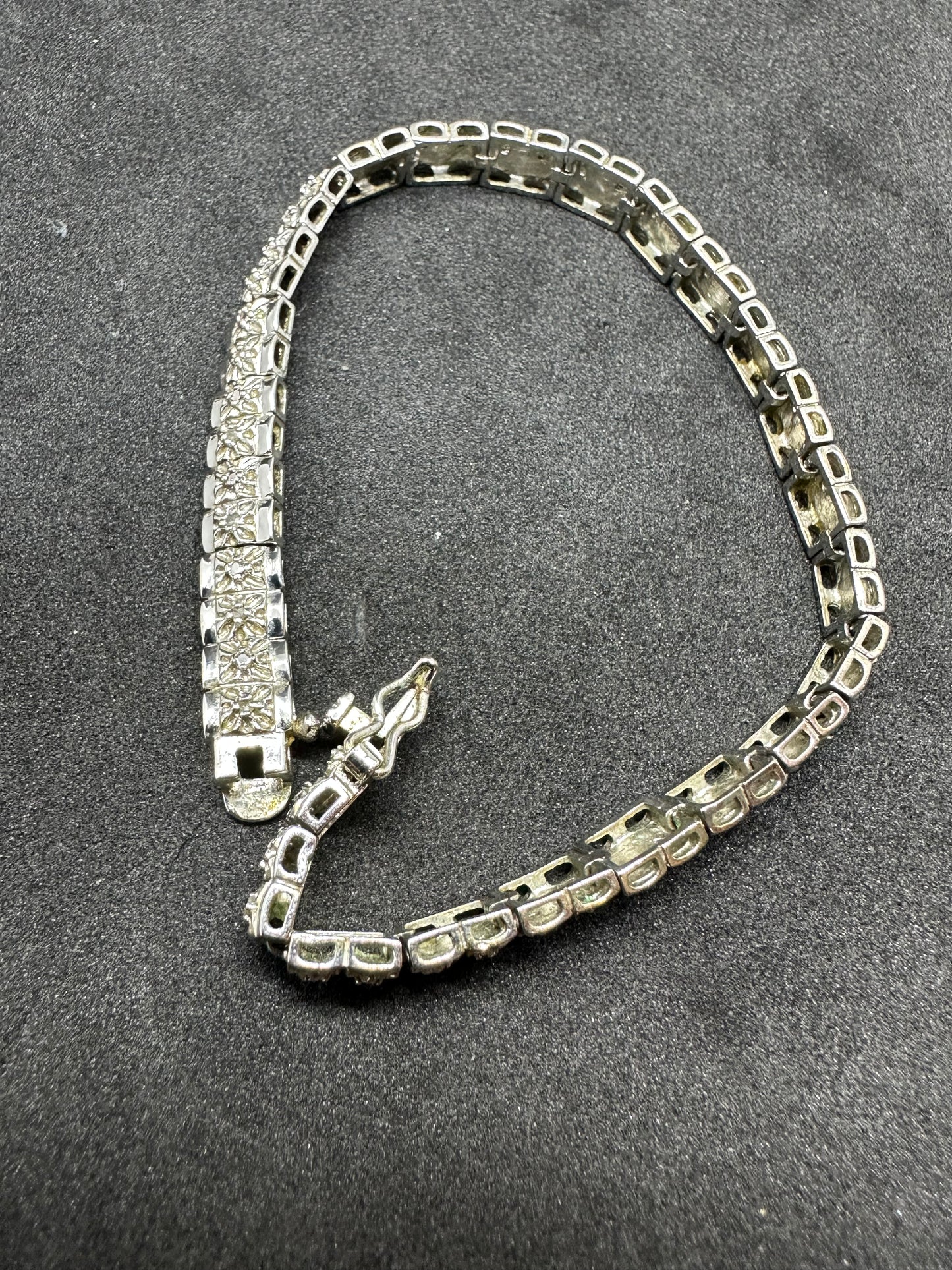 Vintage Sterling Silver Square Cubic Zirconia Single Links Tennis Bracelet Marked RSE 925 w/ Open Box Clasp