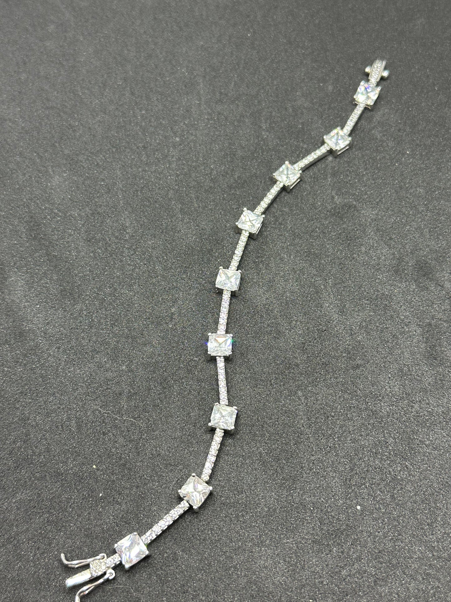 Vintage Sterling Silver Square Cubic Zirconia CZ Micro Pavé Station Bracelet Marked EC 925