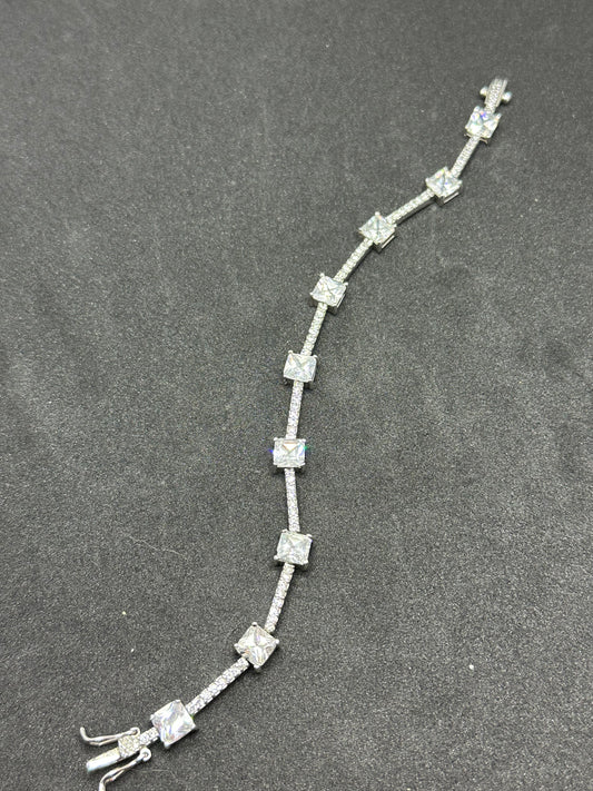 Vintage Sterling Silver Square Cubic Zirconia CZ Micro Pavé Station Bracelet Marked EC 925