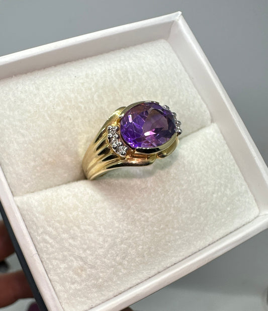 Vintage Estate 14K Yellow Gold Oval Cut Amethyst & Diamonds Ring Size 6.75 February Birthstone