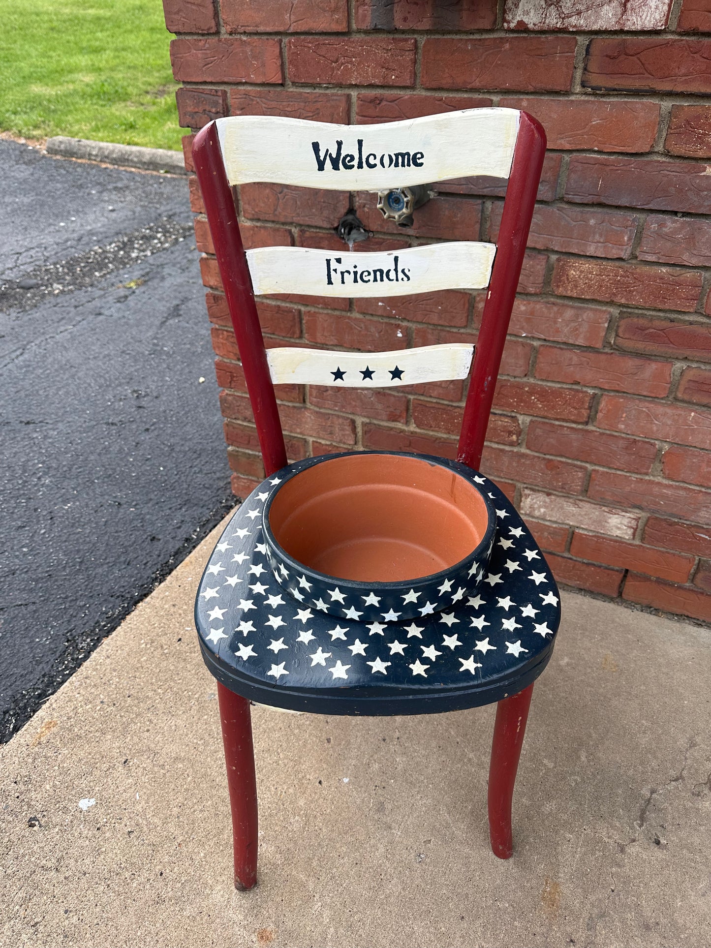 Hand-Painted Wooden American Flag Patriotic Chair Planter w/ Matching Pot
