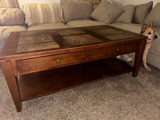 Wooden 4-Drawer Coffee Table w/ Tile Inset