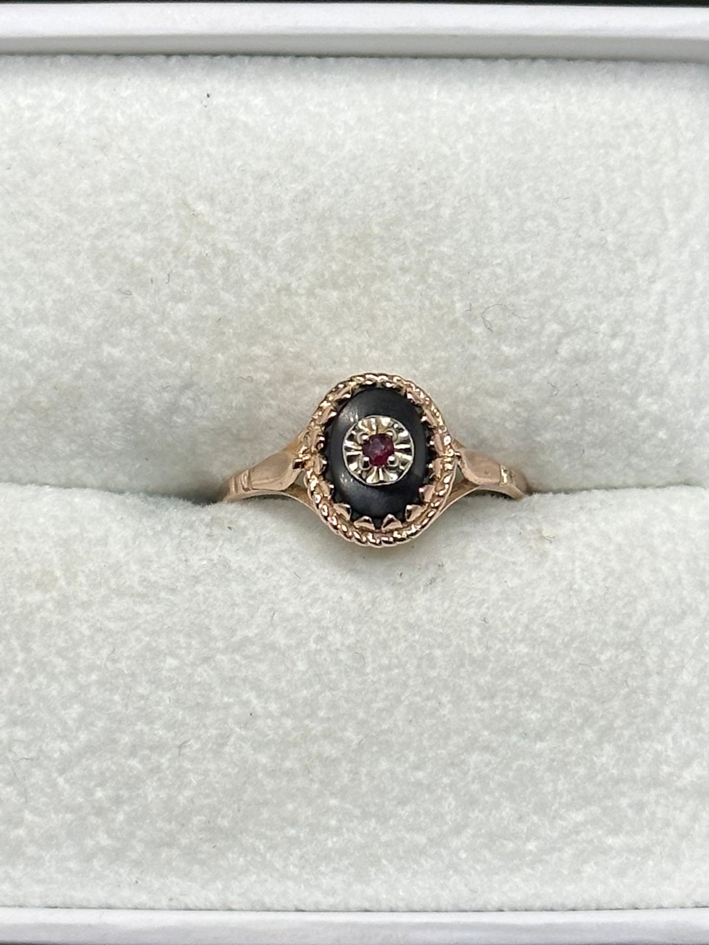 Antique Victorian Edwardian 14K Rose Gold Ornate Onyx & Ruby Mourning Ring Marked TZ or ZT Size 6