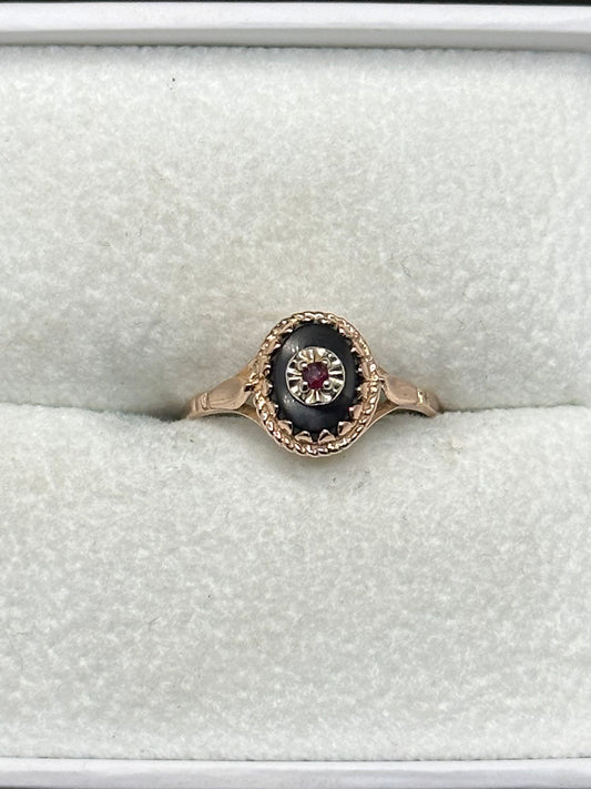 Antique Victorian Edwardian 14K Rose Gold Ornate Onyx & Ruby Mourning Ring Marked TZ or ZT Size 6