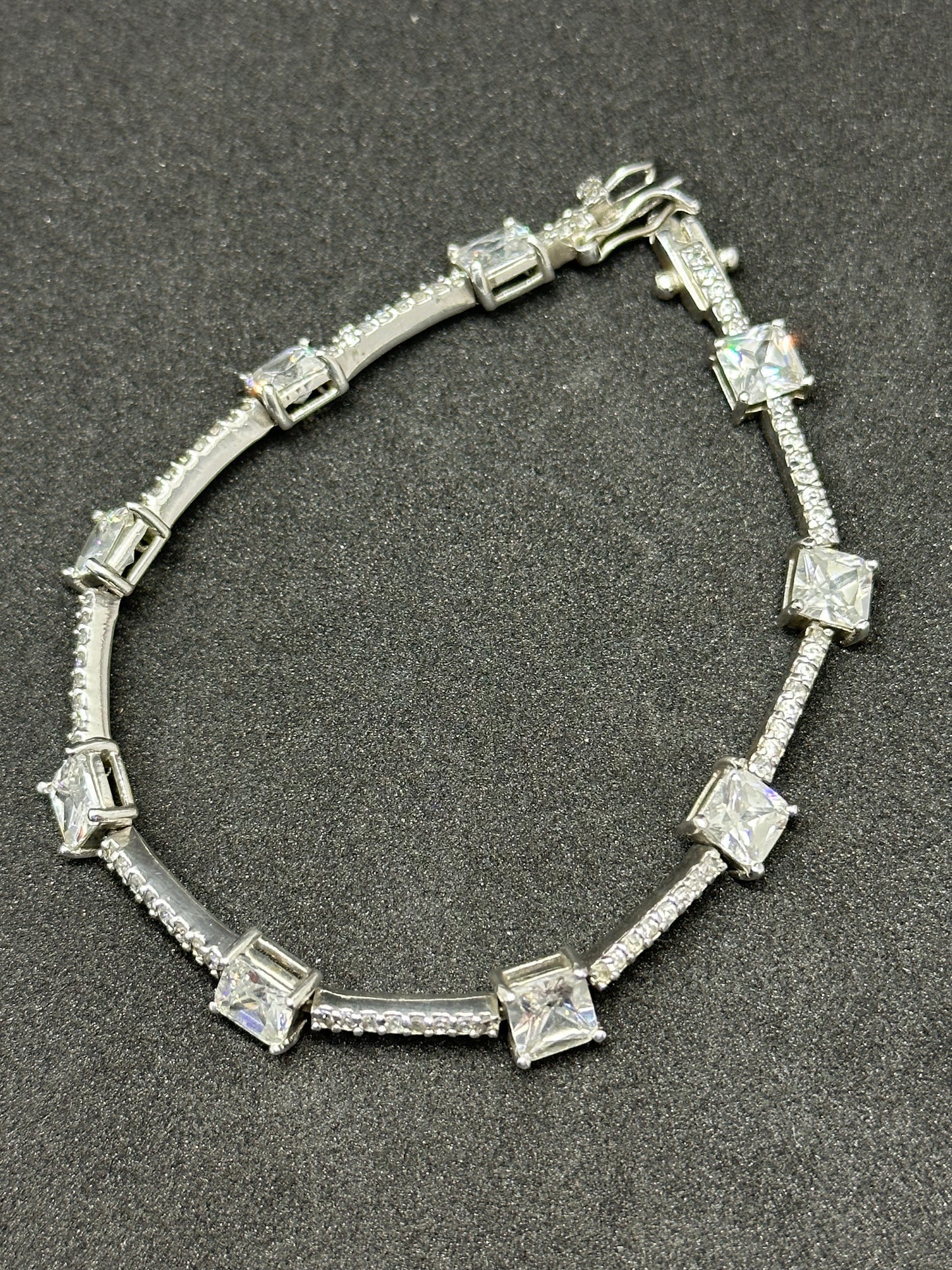 Vintage Sterling Silver Square Cubic Zirconia CZ Micro Pavé Station Bracelet Marked EC 925