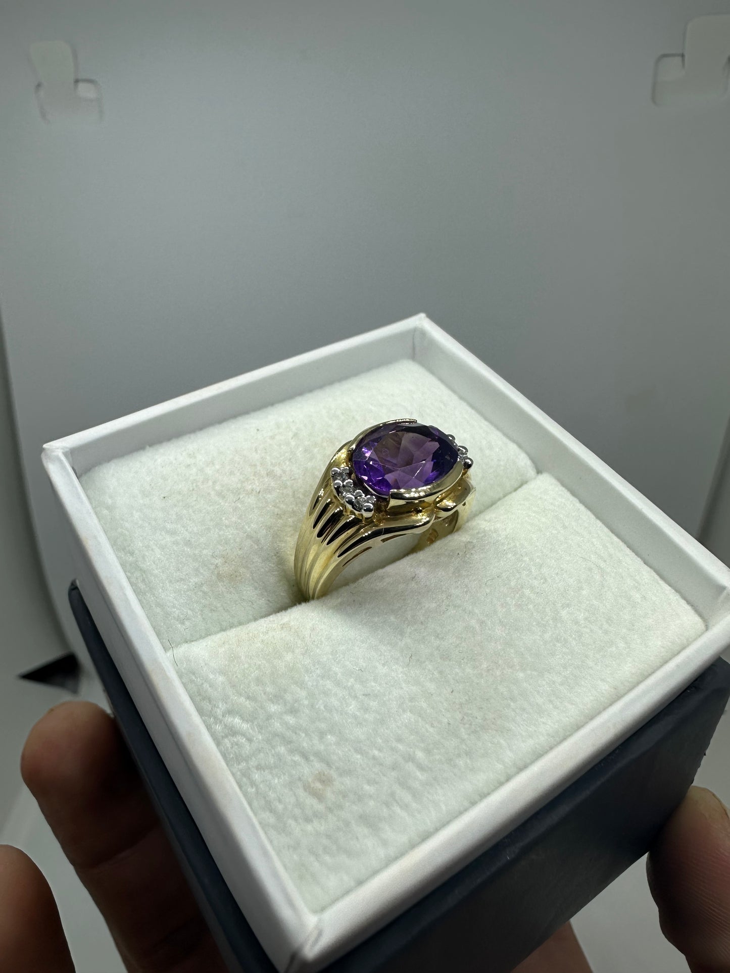 Vintage Estate 14K Yellow Gold Oval Cut Amethyst & Diamonds Ring Size 6.75 February Birthstone