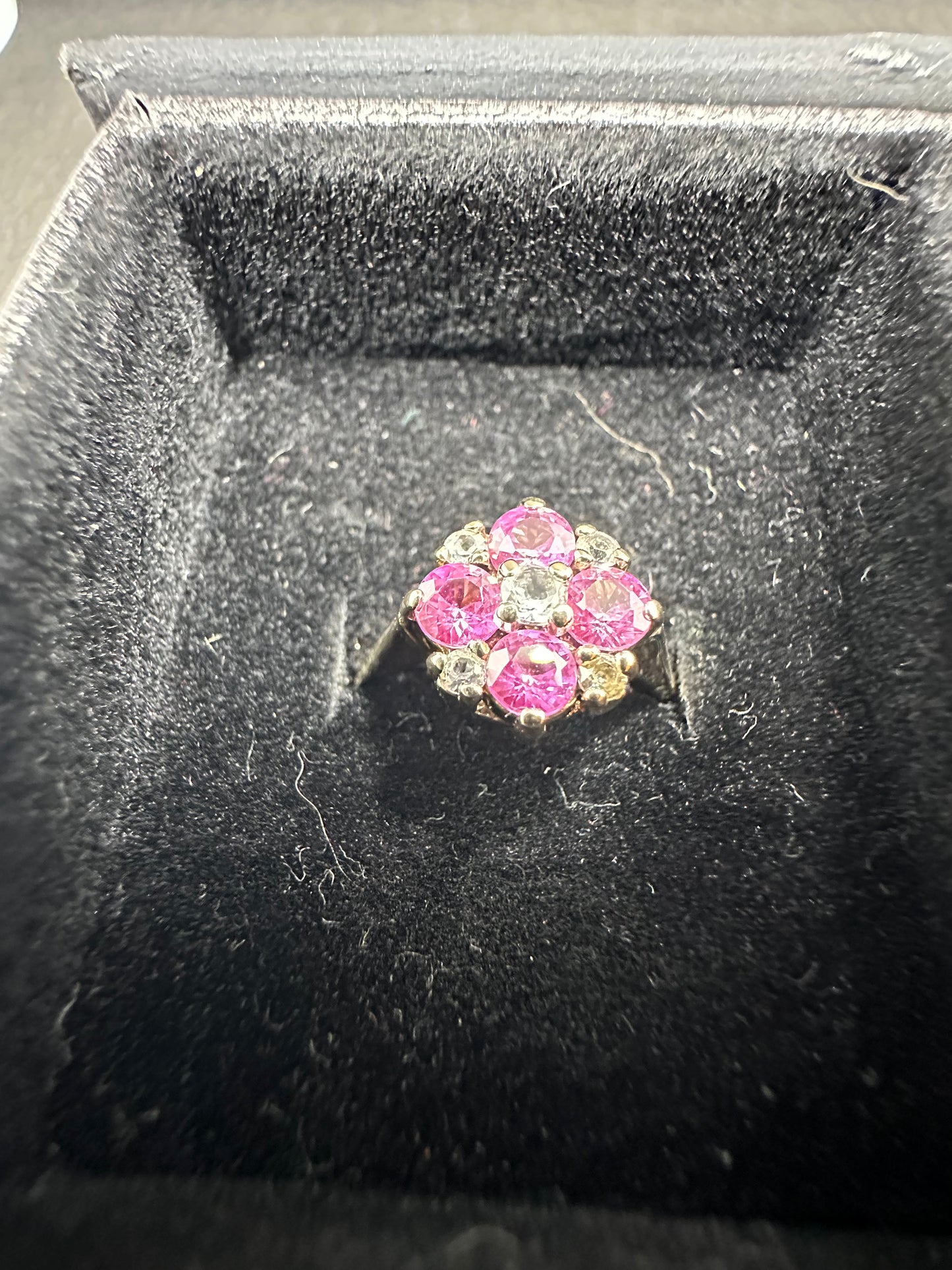 Antique 14K Yellow Gold Pink and White Sapphire Floral Cluster Ring