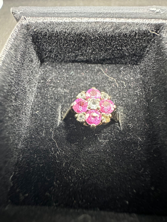 Antique 14K Yellow Gold Pink and White Sapphire Floral Cluster Ring