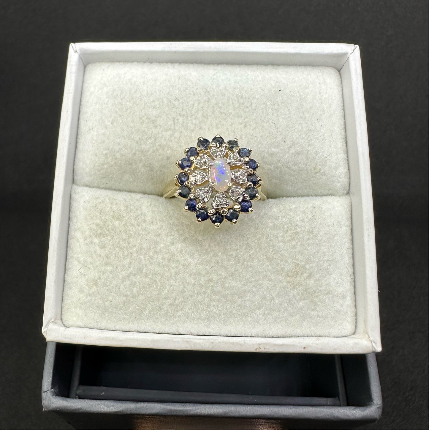 Antique Victorian 14K Yellow Gold Opal w/ Diamond and Sapphire Cluster Ring Marked