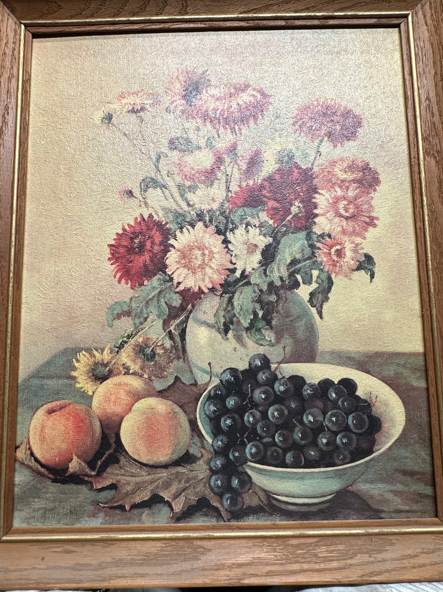 Vintage Wood Carved Frame With Print of Flower Vase & Fruits, Hank B Signed/ Artist Signed Prints/ Framed Art/ Kitchen Floral Fruit Art