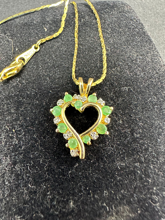 Vintage Sterling Silver .925 Gold Plated Emerald and Diamond Heart Pendant