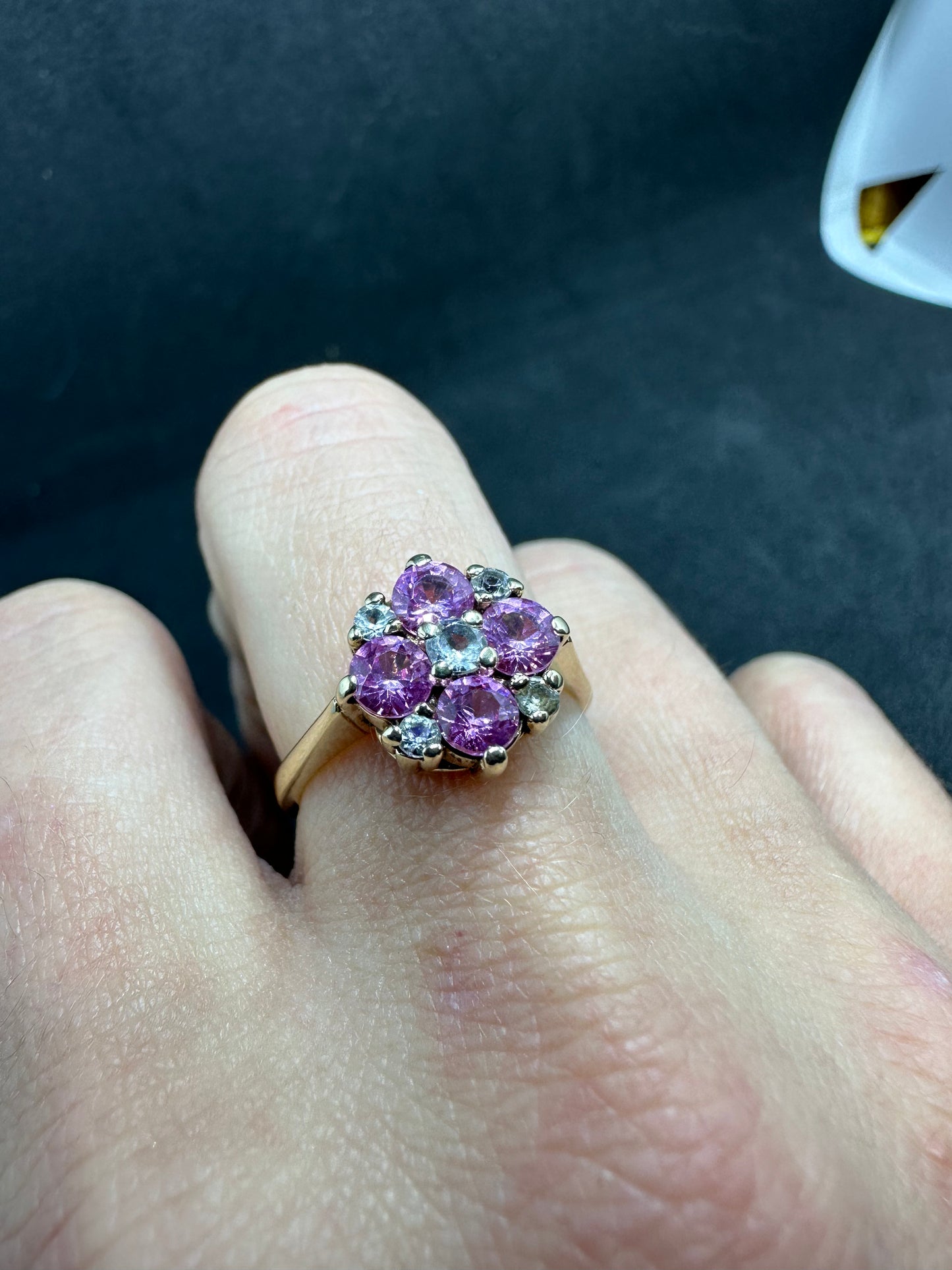 Antique 14K Yellow Gold Pink and White Sapphire Floral Cluster Ring