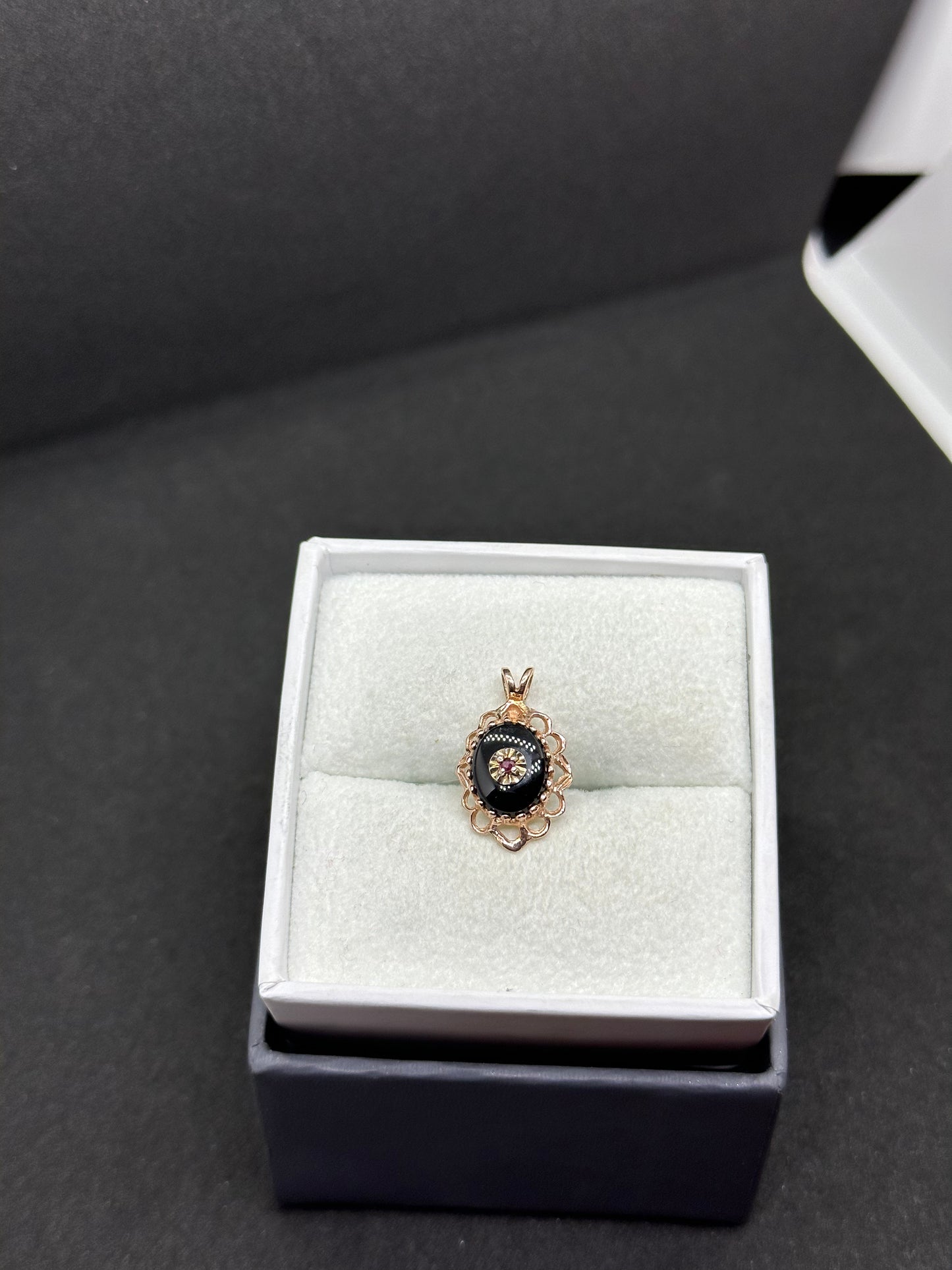 Antique Victorian Edwardian 14K Rose Gold Ornate Onyx & Ruby Mourning Pendant Marked TZ or ZT