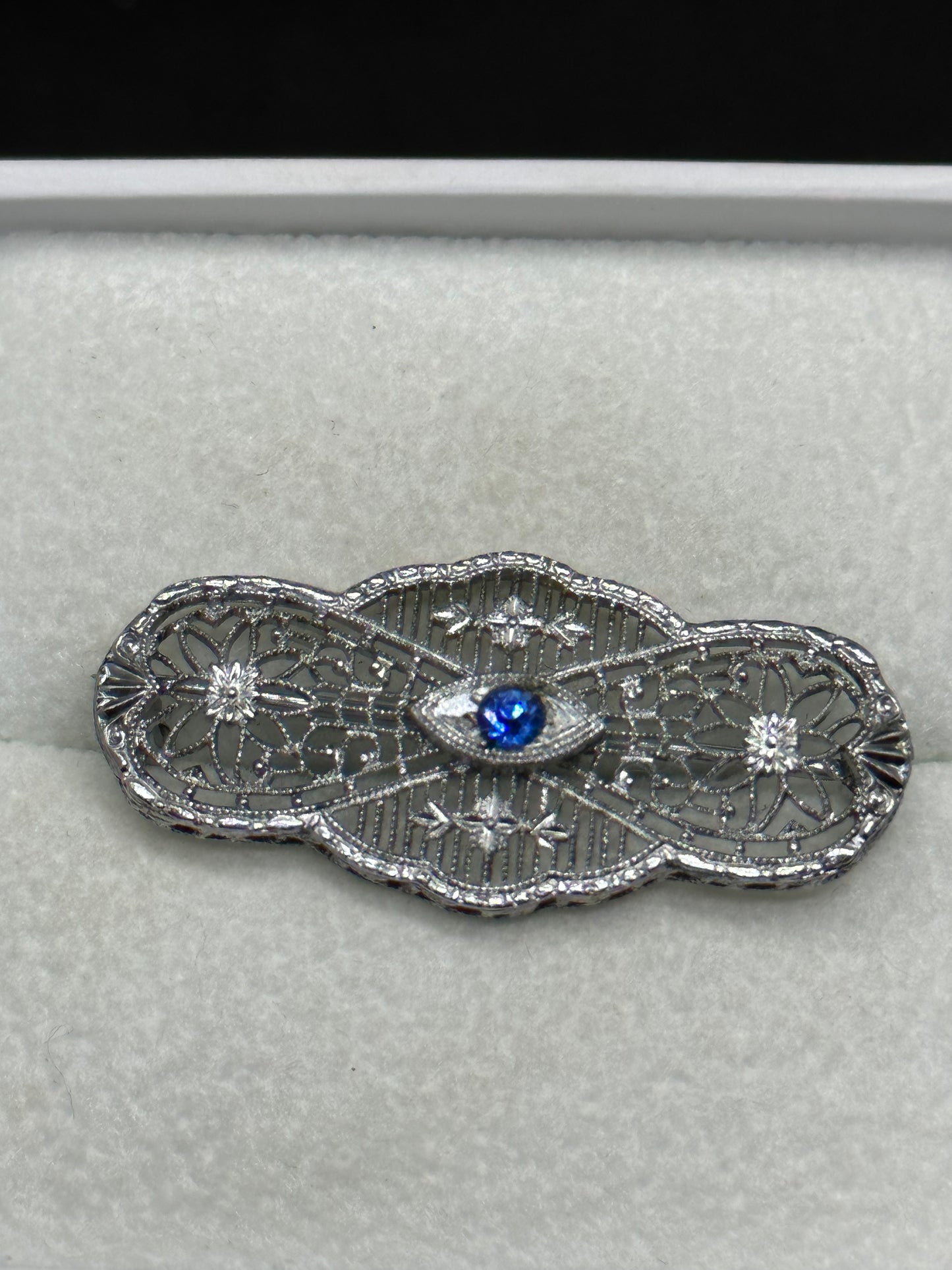 Antique Edwardian Art Deco Silver Rhodium Plated Filigree Blue Pin Brooch Marked JHP