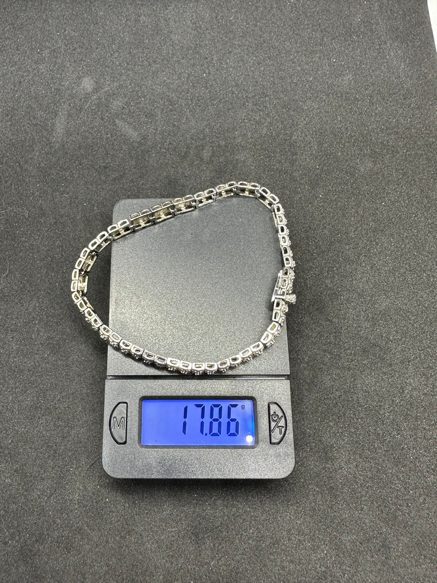 Vintage Sterling Silver Square Cubic Zirconia Single Links Tennis Bracelet Marked RSE 925 w/ Open Box Clasp