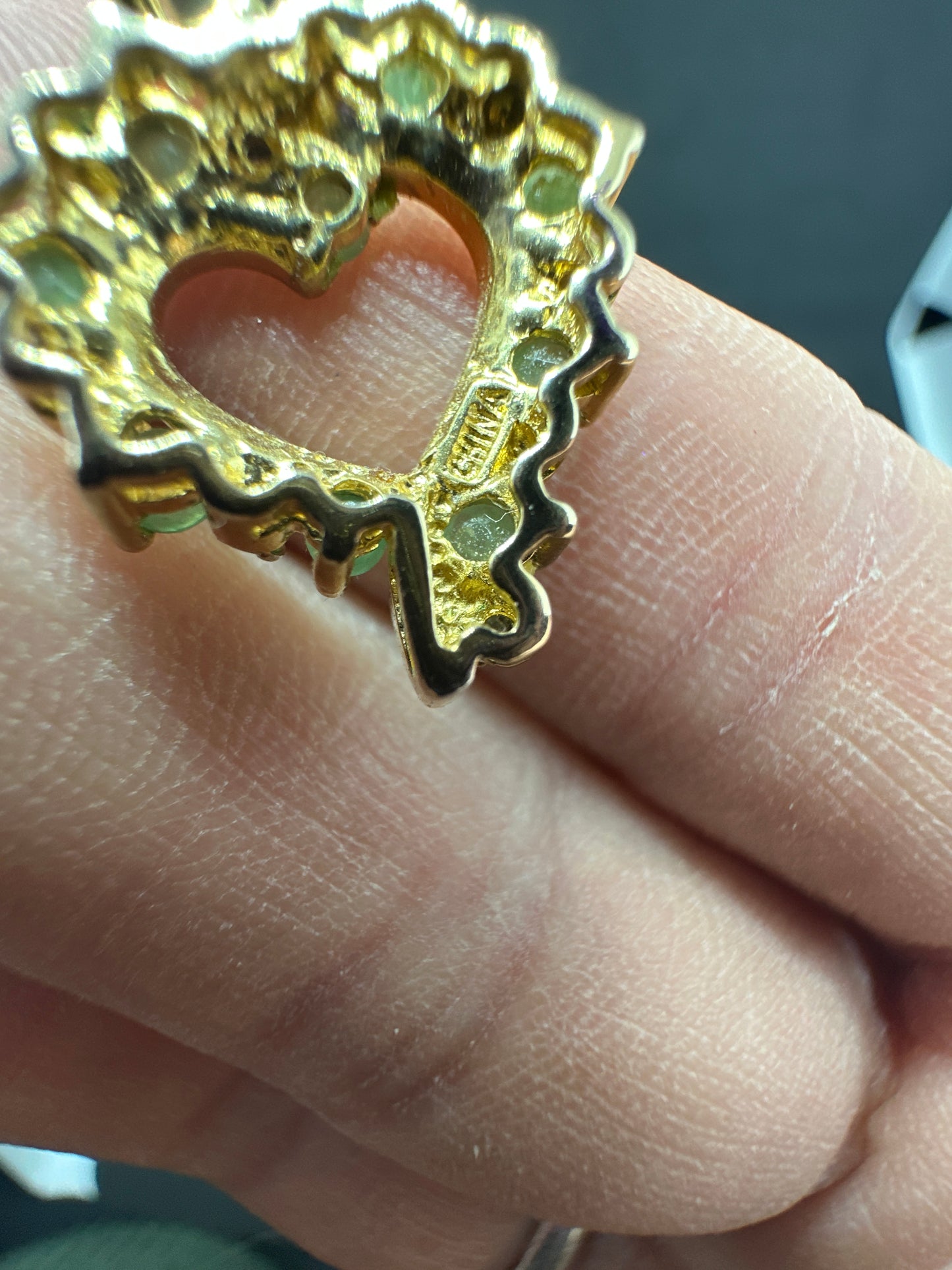 Vintage Sterling Silver .925 Gold Plated Emerald and Diamond Heart Pendant