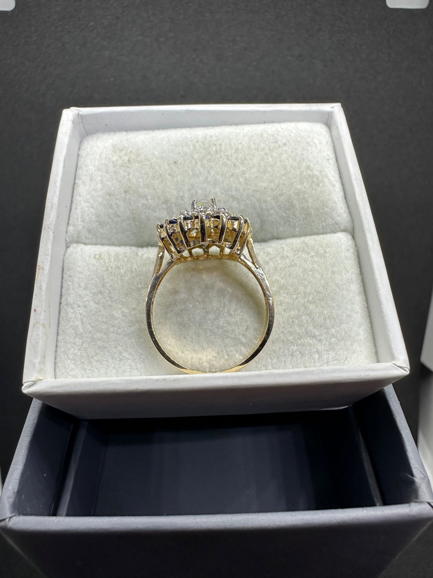 Antique Victorian 14K Yellow Gold Opal w/ Diamond and Sapphire Cluster Ring Marked