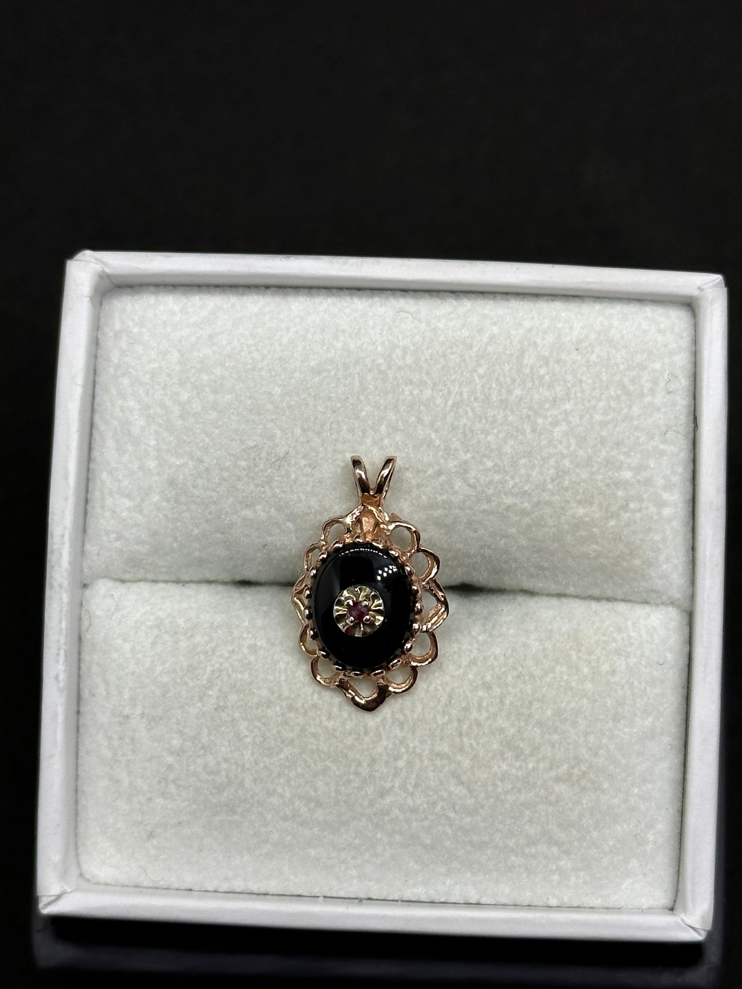 Antique Victorian Edwardian 14K Rose Gold Ornate Onyx & Ruby Mourning Pendant Marked TZ or ZT