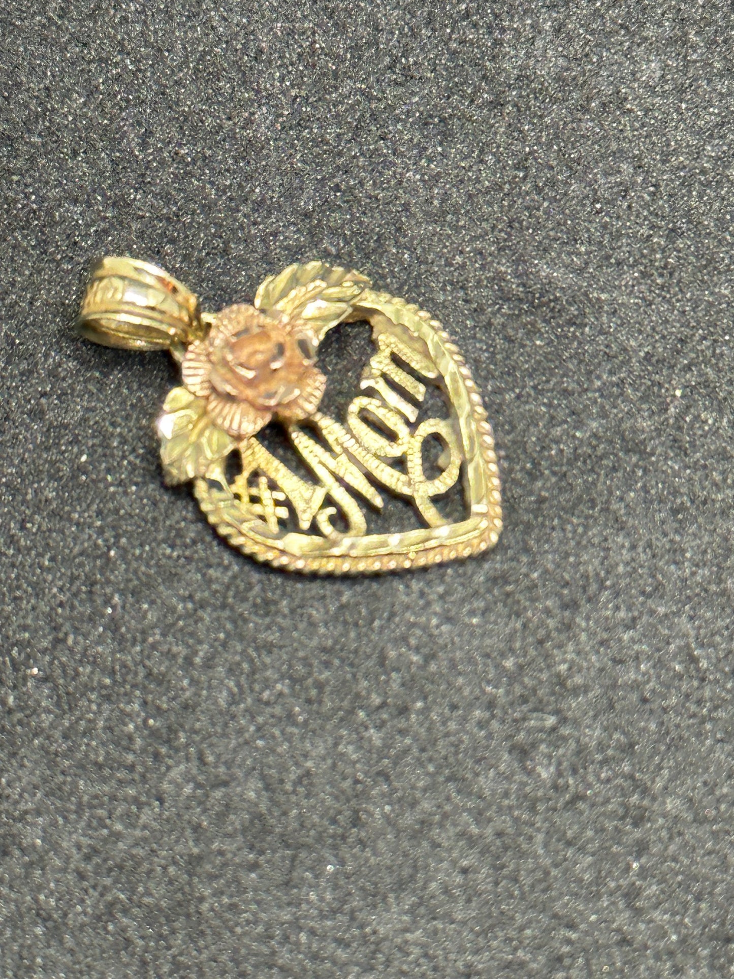 Vintage 14K Yellow Gold #1 Mom Heart Charm w/ Rose Gold 585 Rose Flower