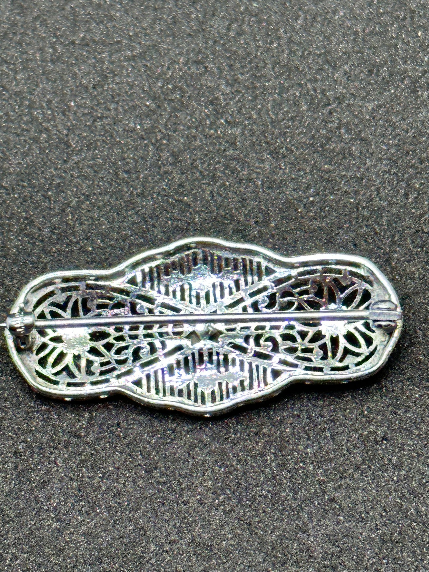 Antique Edwardian Art Deco Silver Rhodium Plated Filigree Blue Pin Brooch Marked JHP