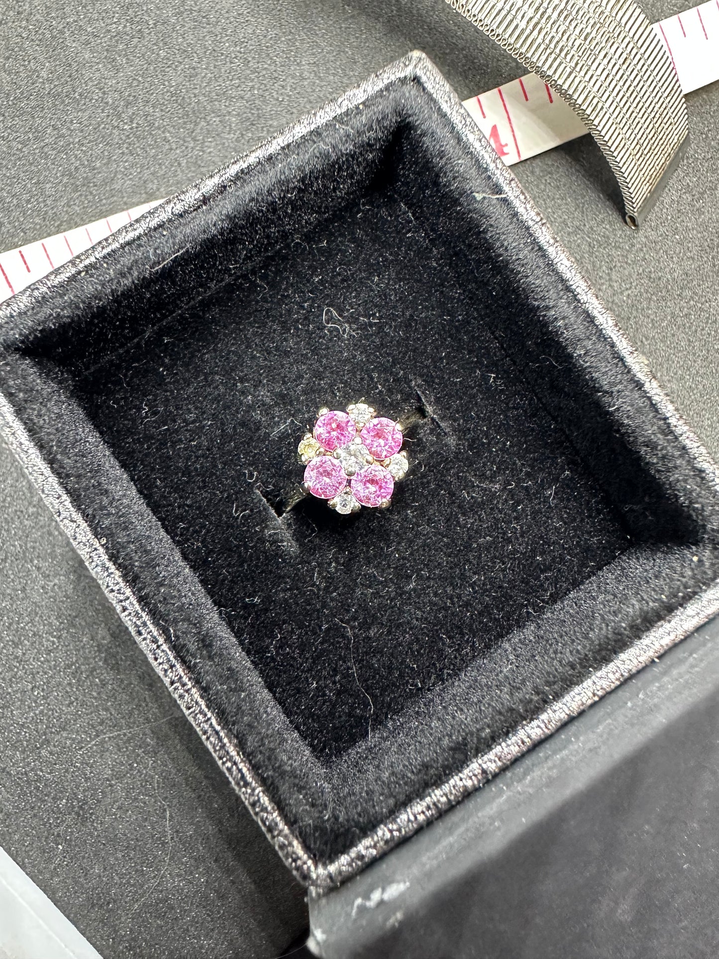 Antique 14K Yellow Gold Pink and White Sapphire Floral Cluster Ring